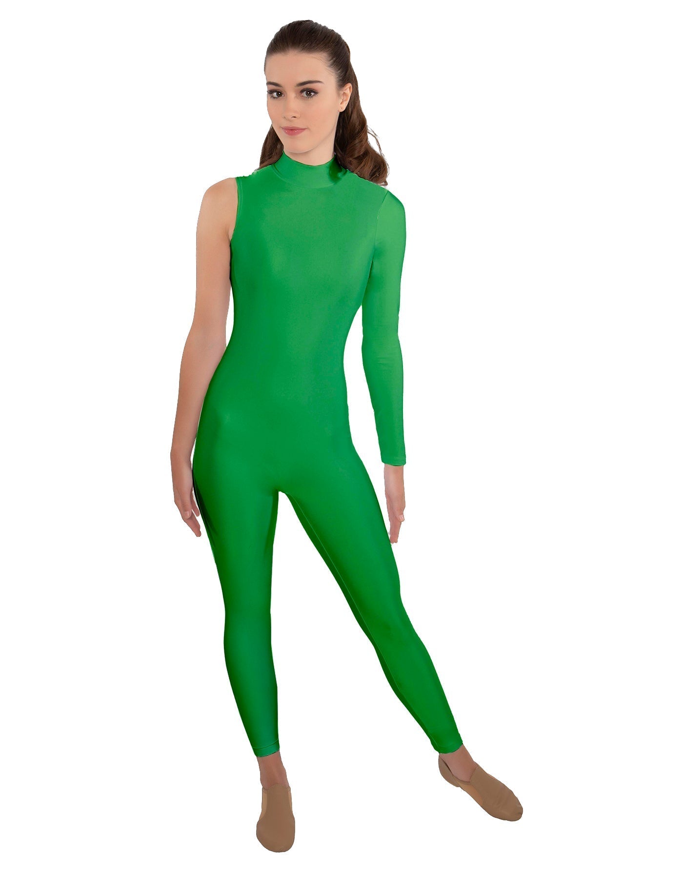 Solid Lycra One Sleeve TNeck Zipper Back Unitard