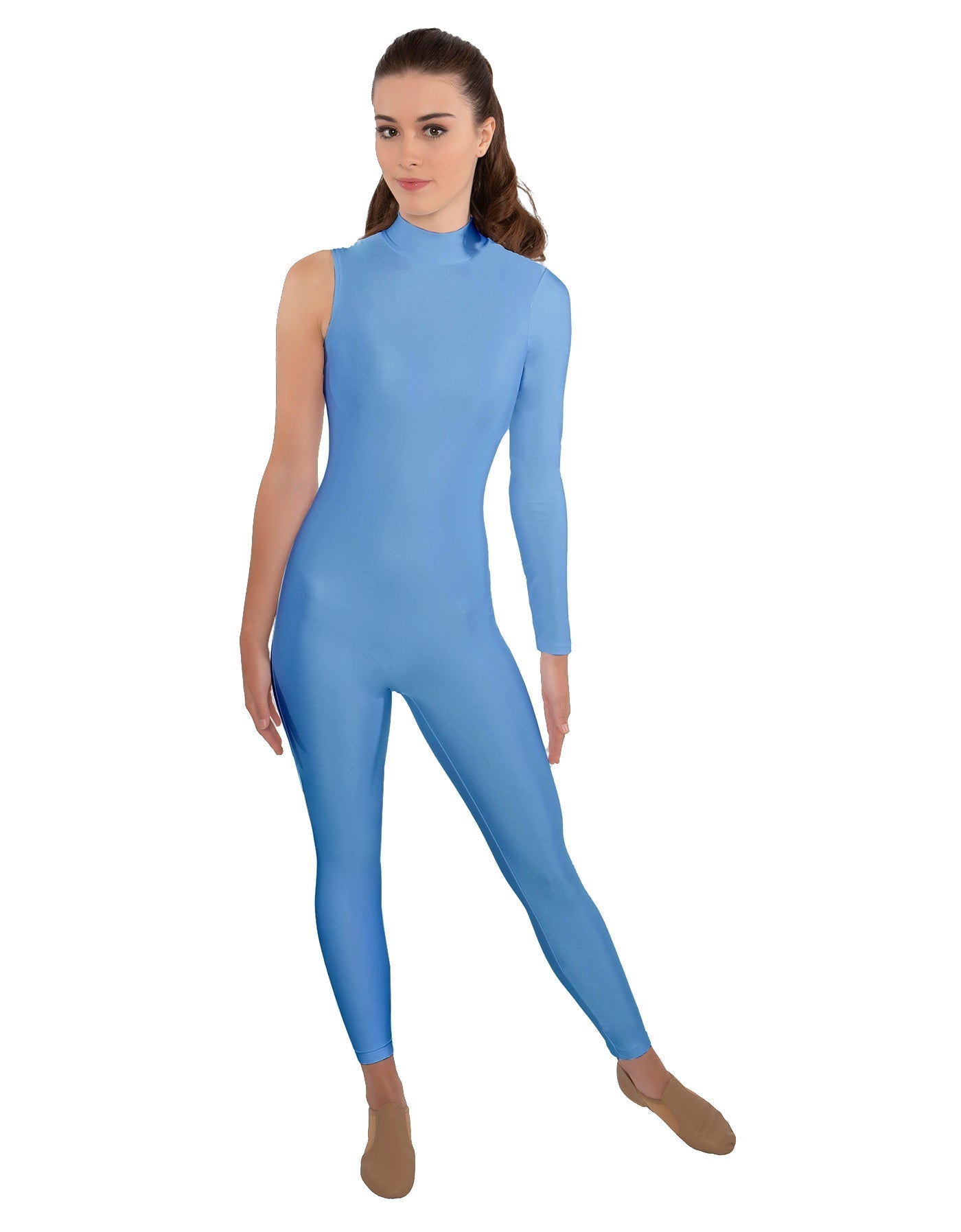 Solid Lycra One Sleeve TNeck Zipper Back Unitard
