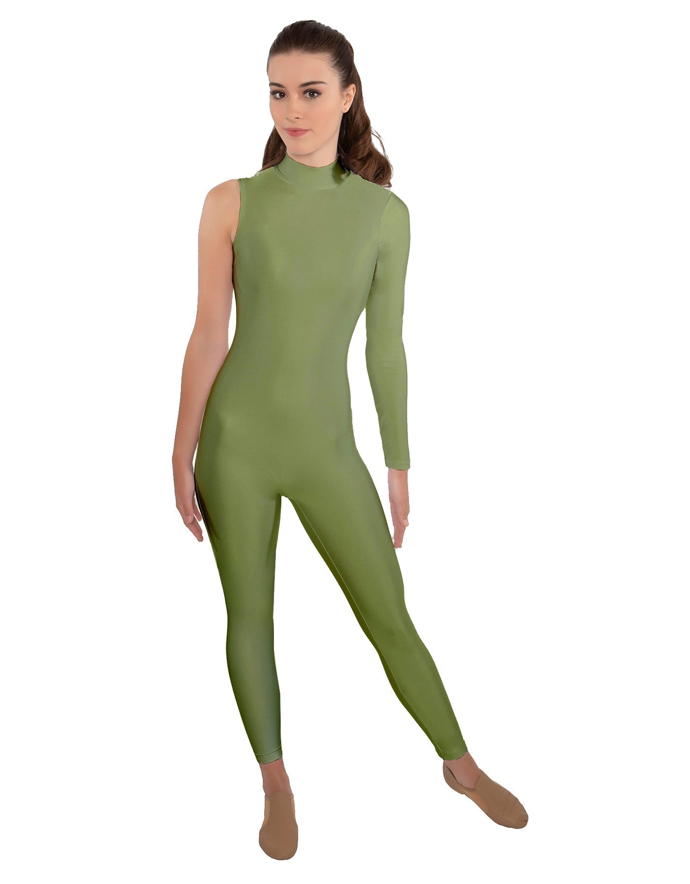 Solid Lycra One Sleeve TNeck Zipper Back Unitard