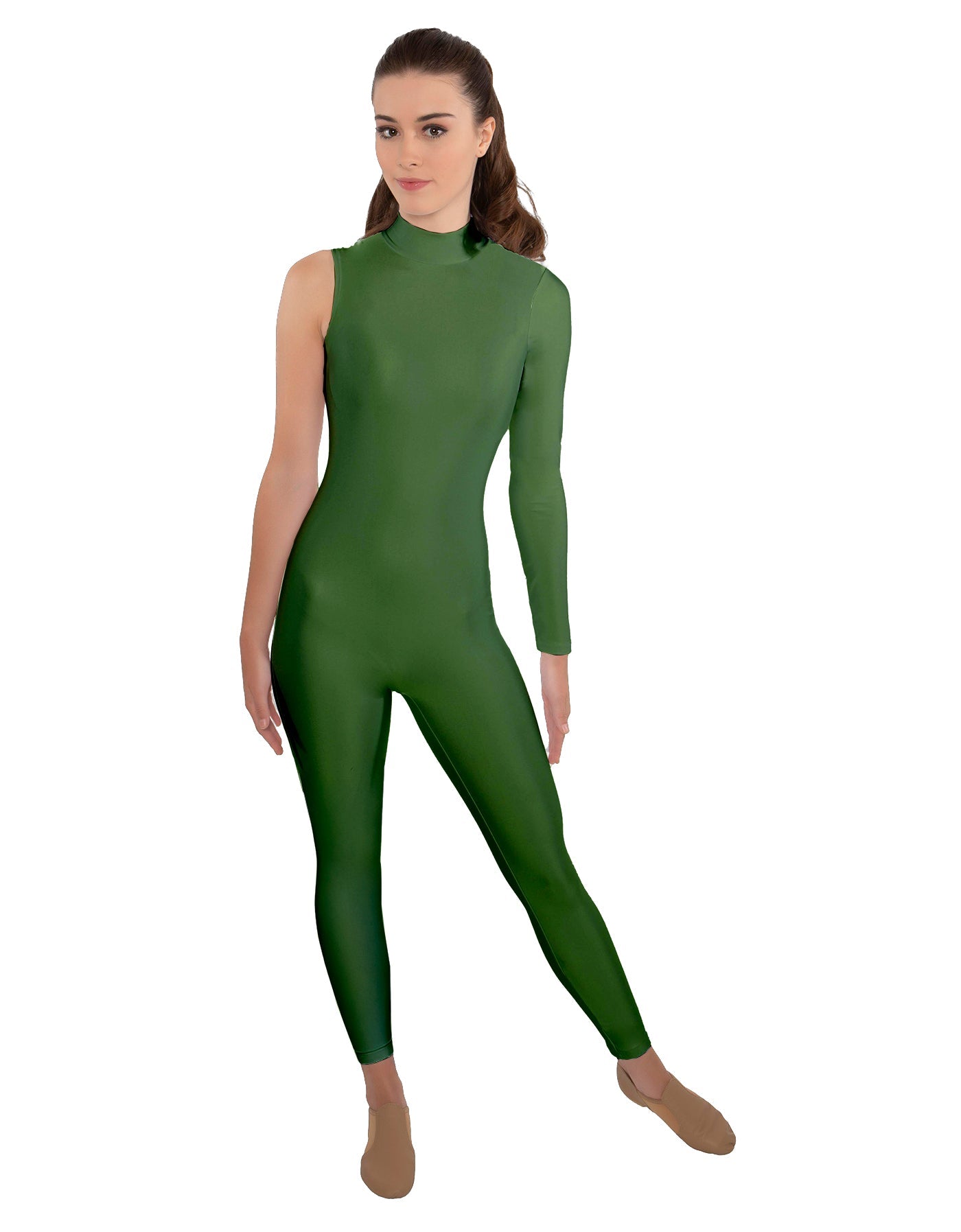 Solid Lycra One Sleeve TNeck Zipper Back Unitard