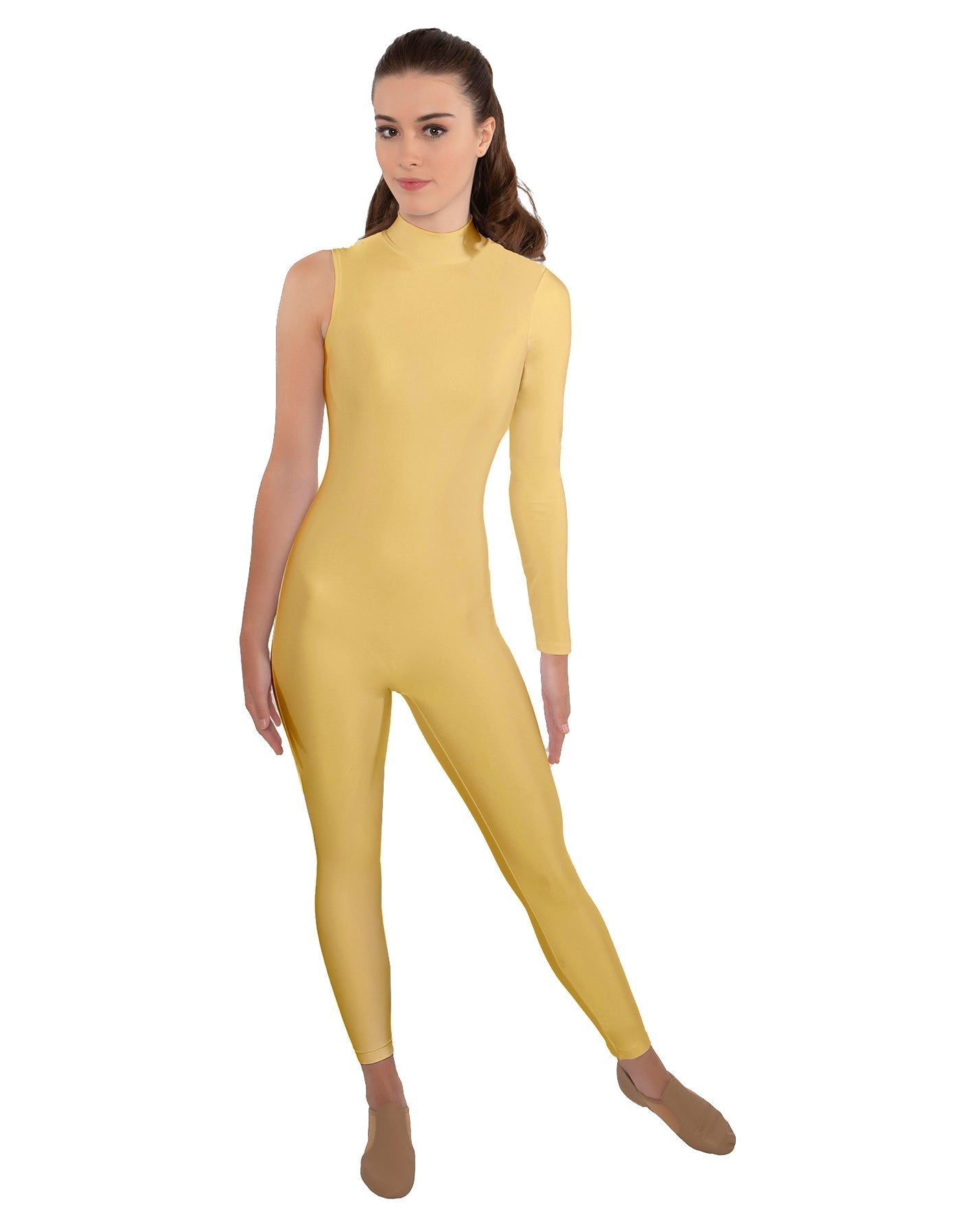 Solid Lycra One Sleeve TNeck Zipper Back Unitard