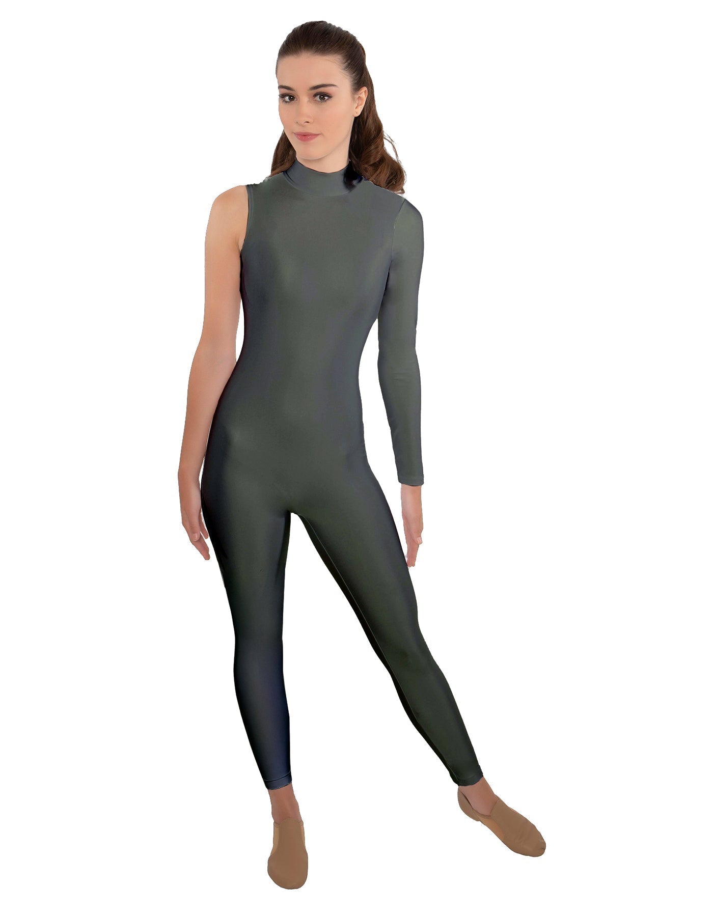 Solid Lycra One Sleeve TNeck Zipper Back Unitard