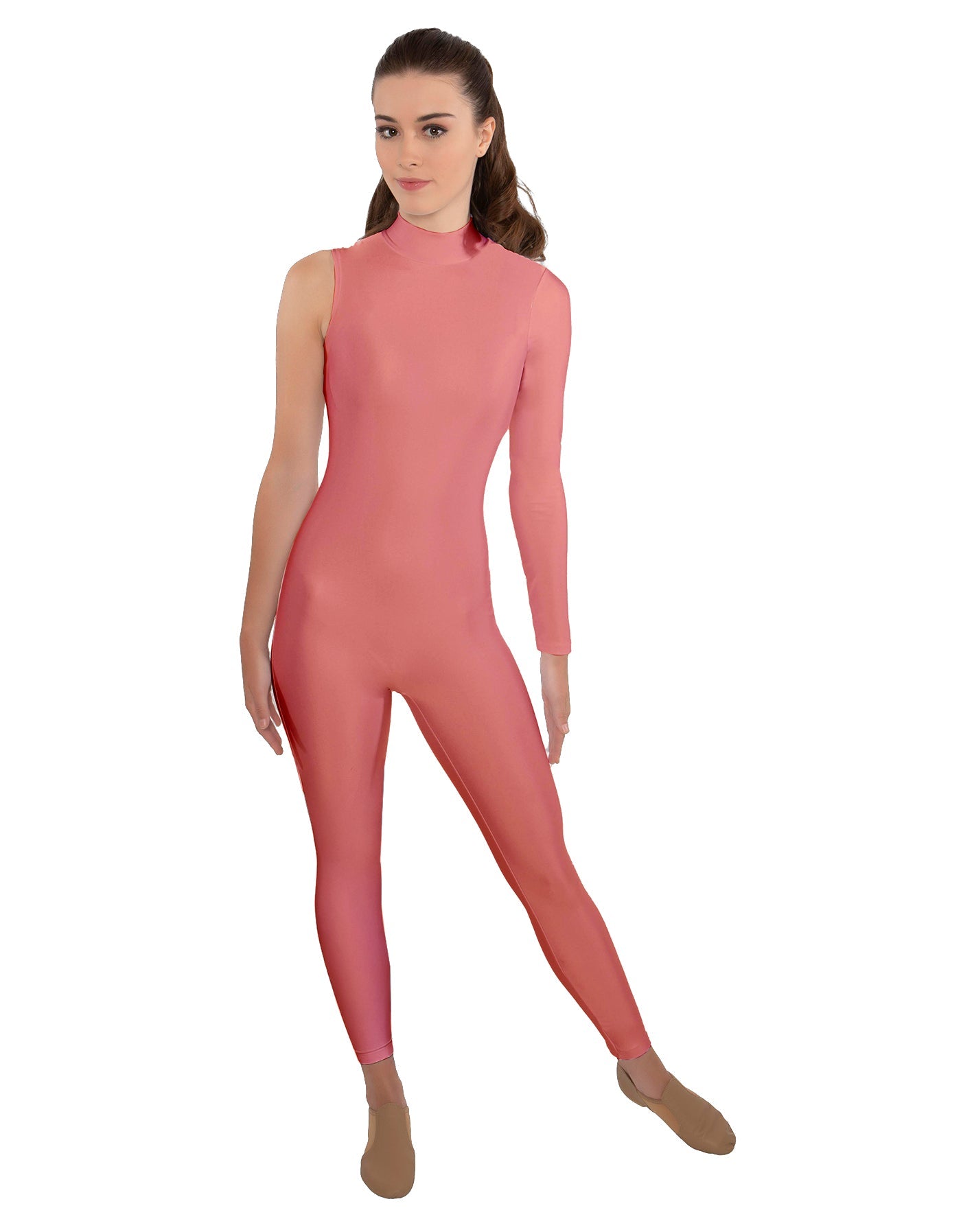 Solid Lycra One Sleeve TNeck Zipper Back Unitard