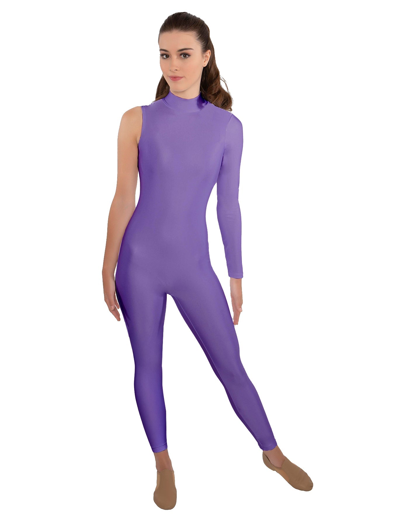 Solid Lycra One Sleeve TNeck Zipper Back Unitard