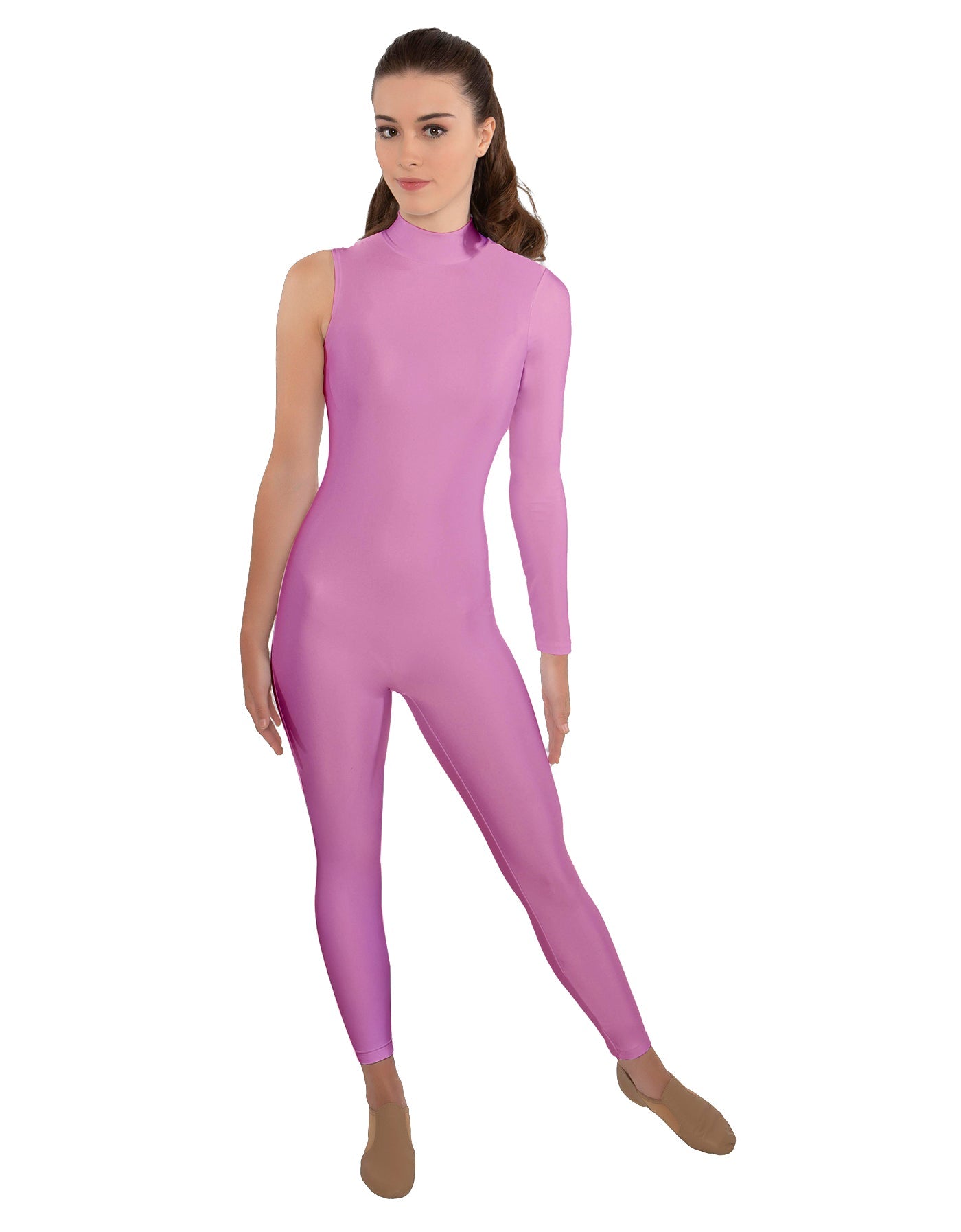 Solid Lycra One Sleeve TNeck Zipper Back Unitard