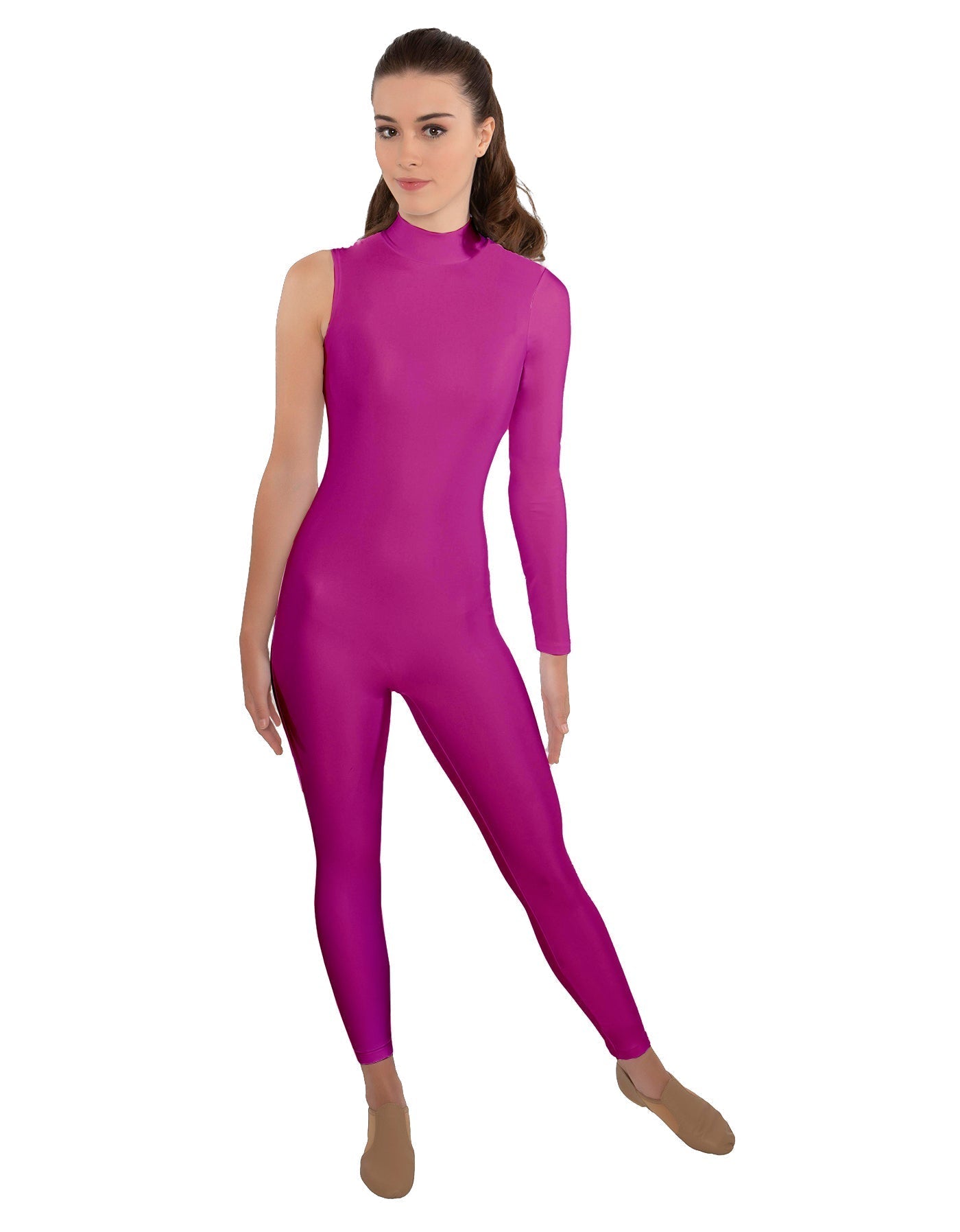Solid Lycra One Sleeve TNeck Zipper Back Unitard