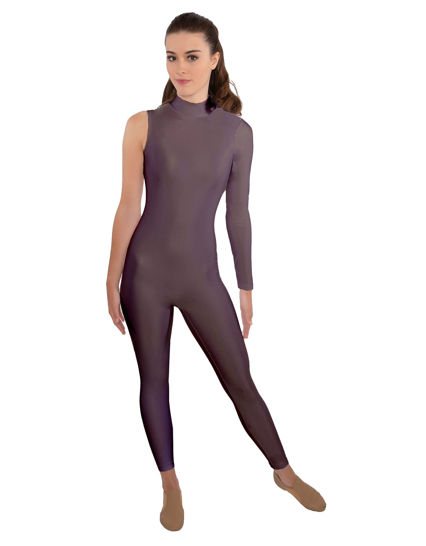 Solid Lycra One Sleeve TNeck Zipper Back Unitard