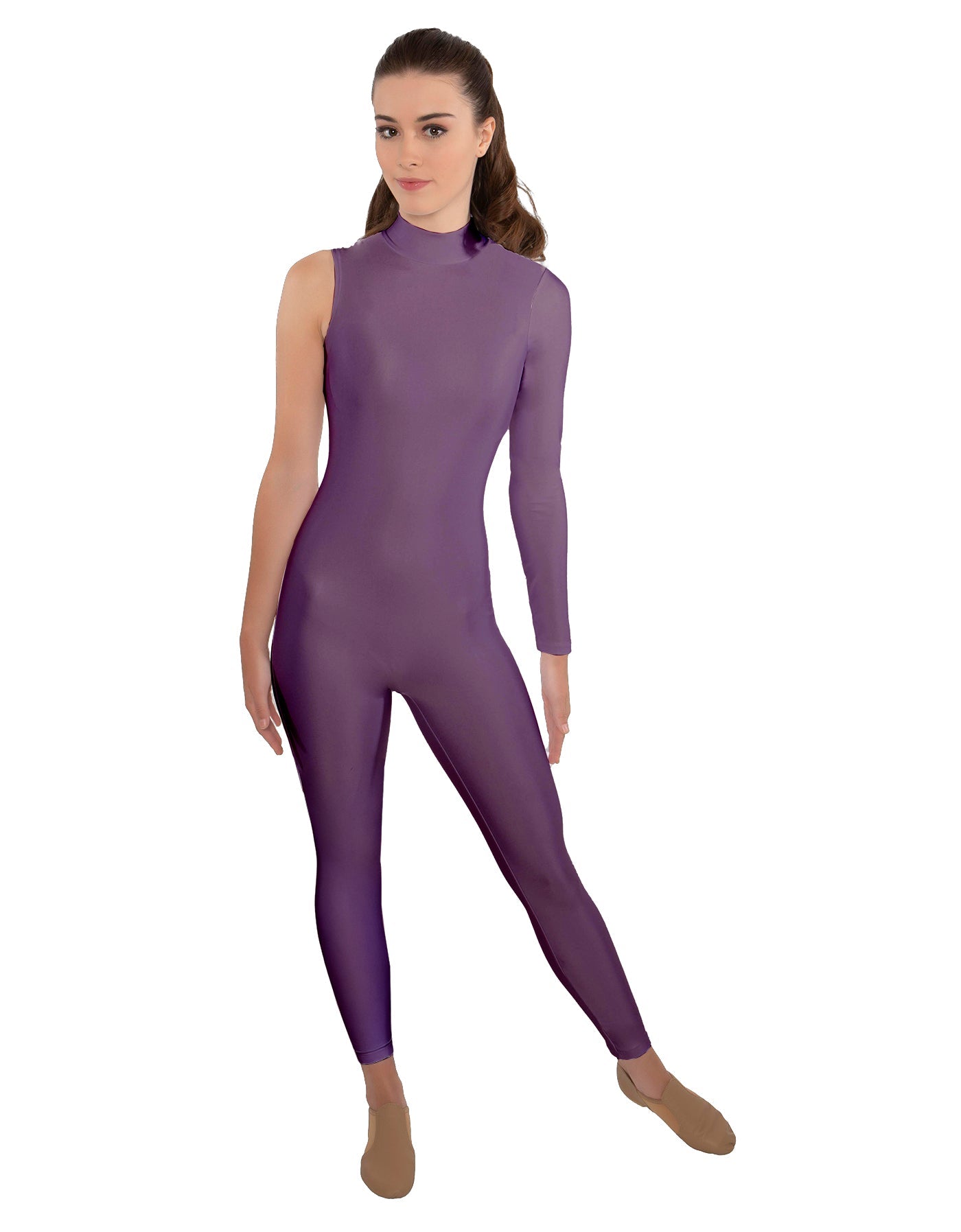 Solid Lycra One Sleeve TNeck Zipper Back Unitard