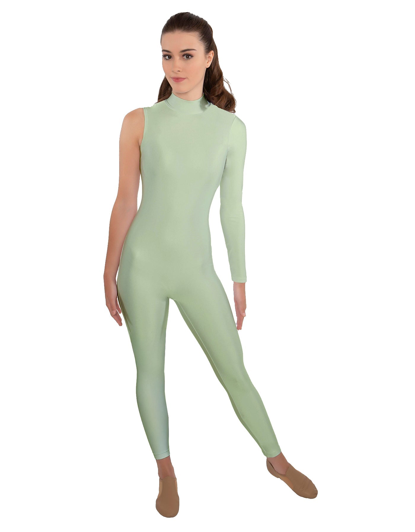 Solid Lycra One Sleeve TNeck Zipper Back Unitard