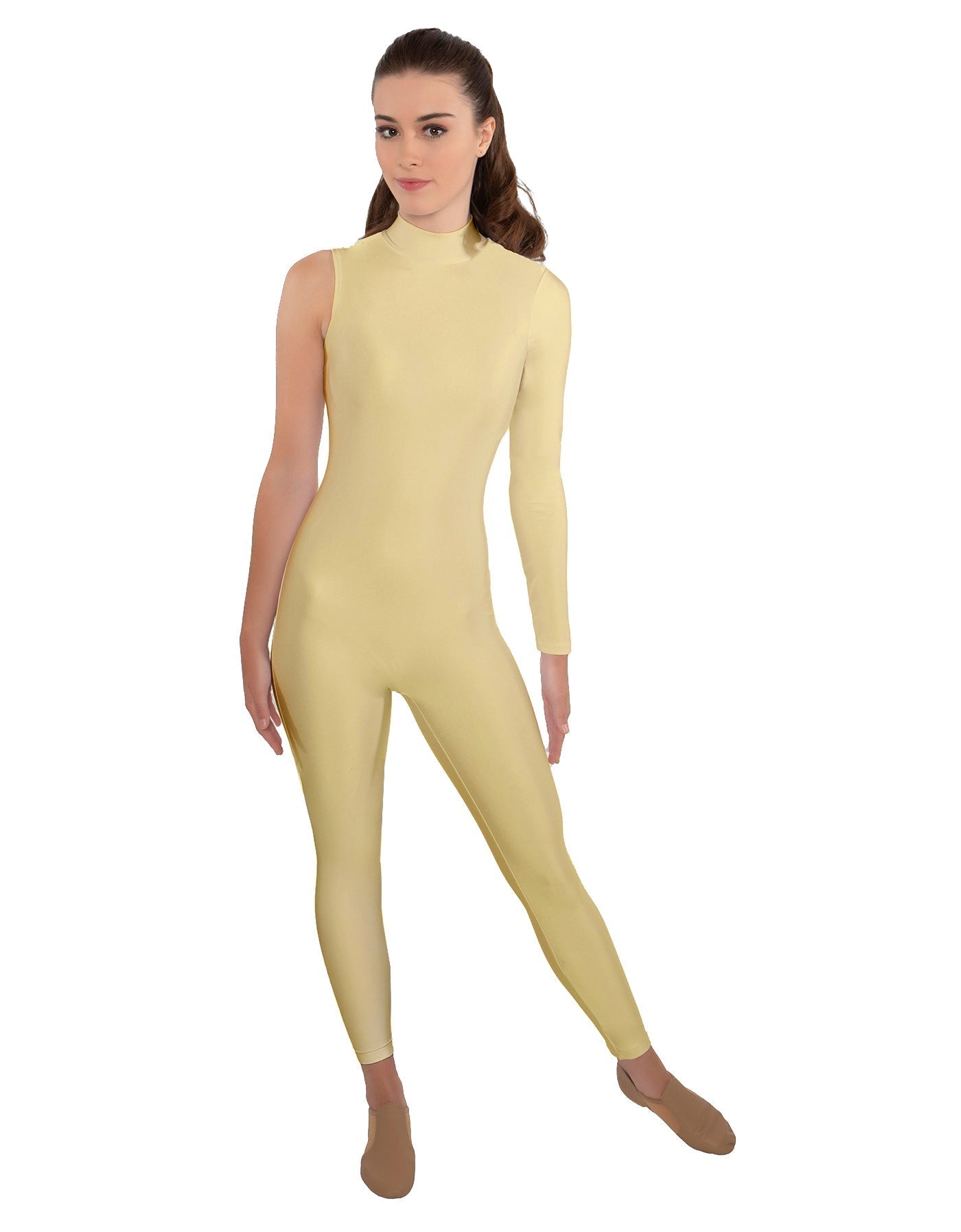 Solid Lycra One Sleeve TNeck Zipper Back Unitard