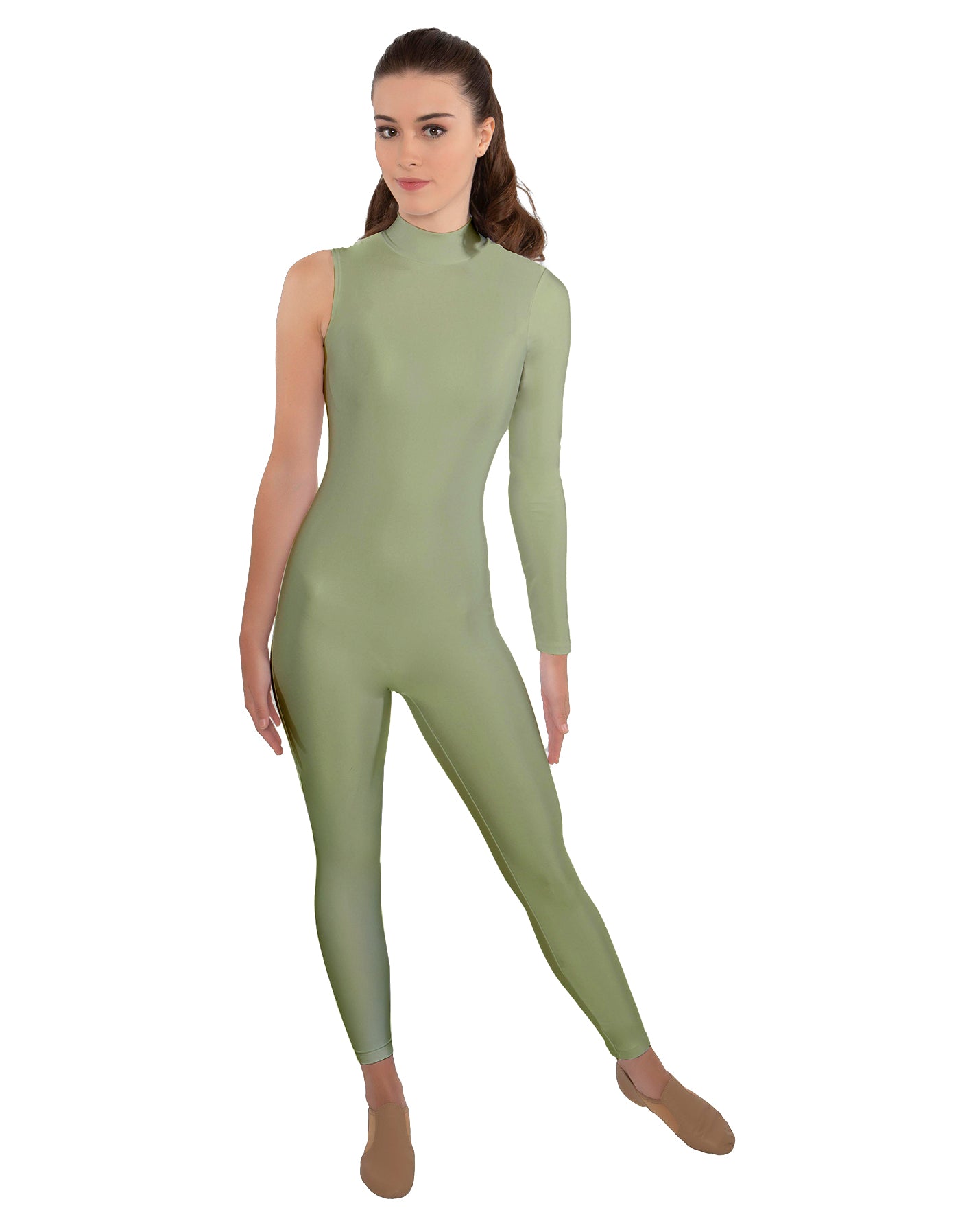 Solid Lycra One Sleeve TNeck Zipper Back Unitard