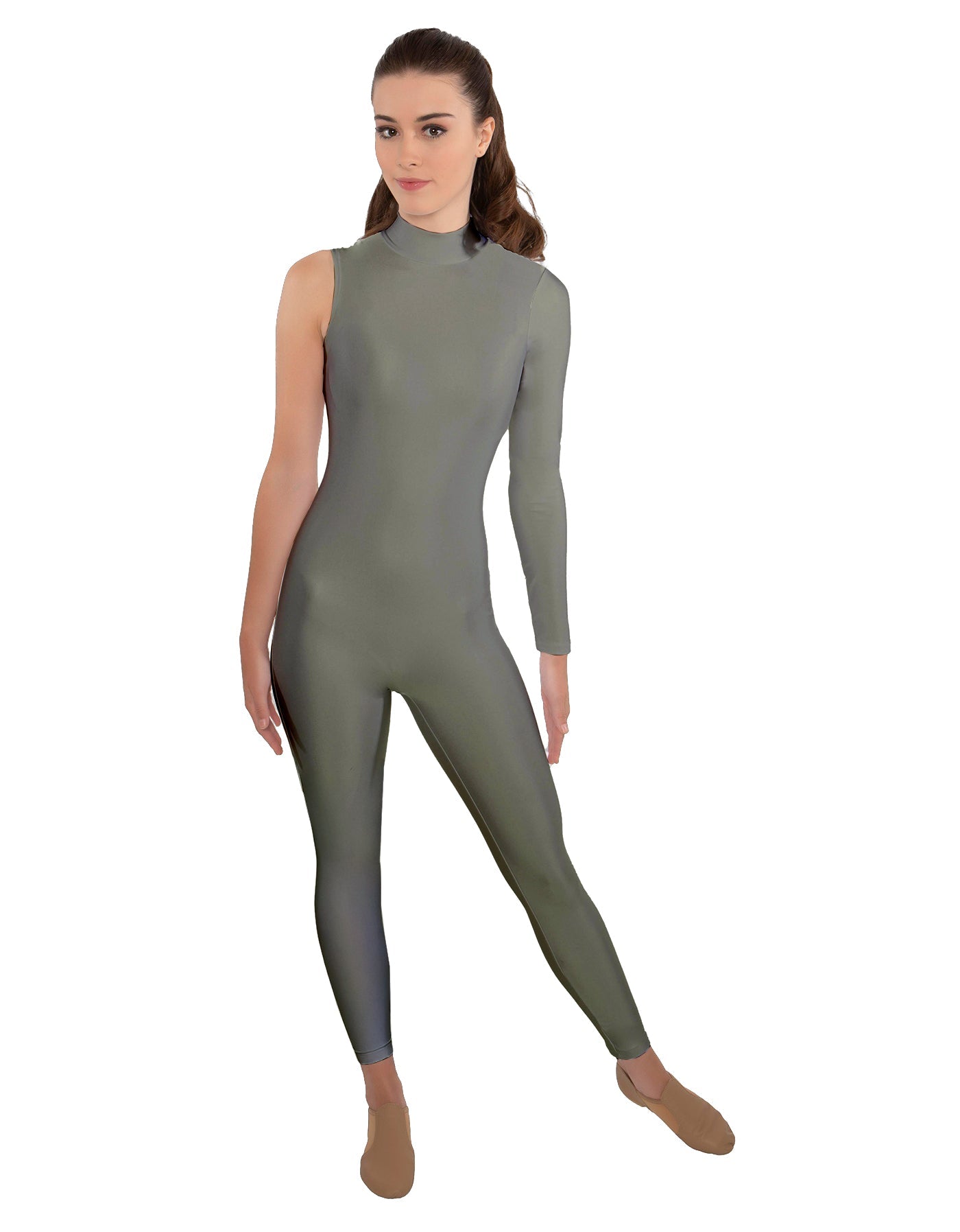 Solid Lycra One Sleeve TNeck Zipper Back Unitard