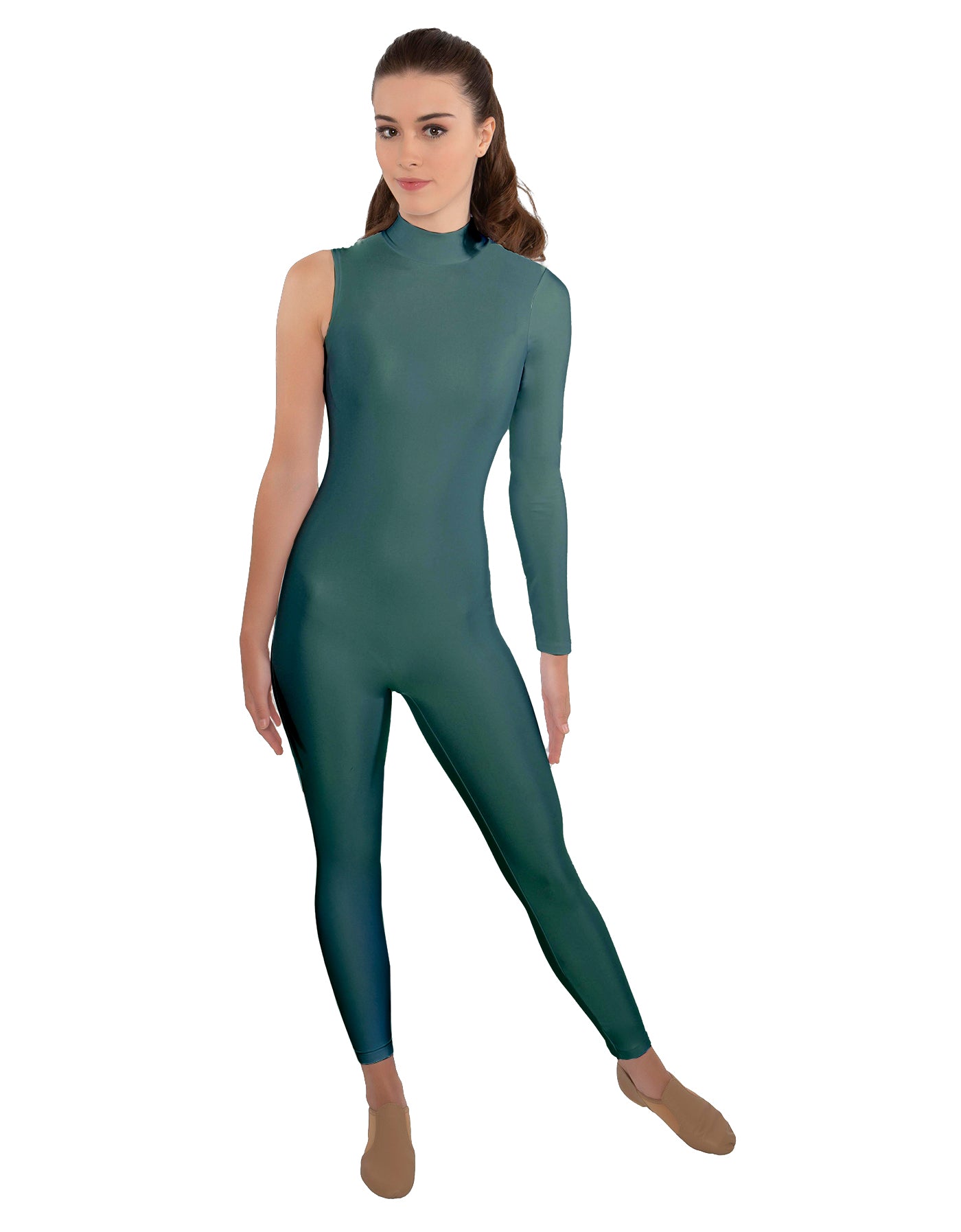 Solid Lycra One Sleeve TNeck Zipper Back Unitard