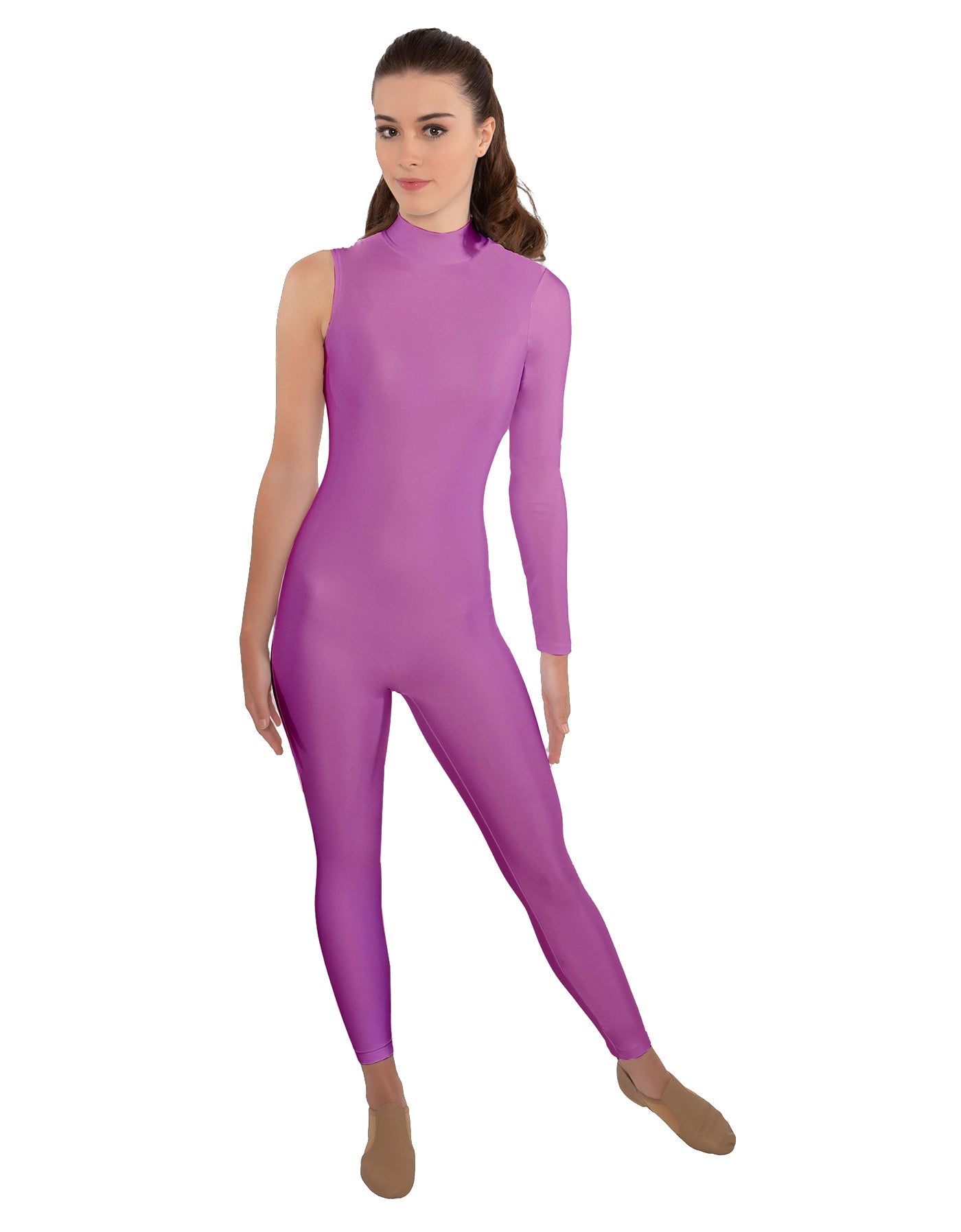 Solid Lycra One Sleeve TNeck Zipper Back Unitard
