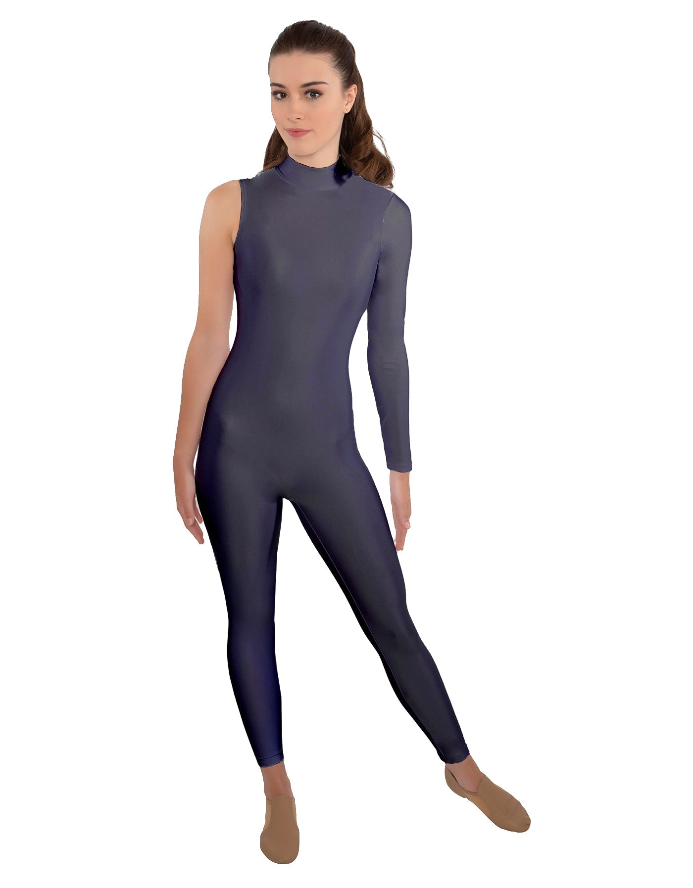 Solid Lycra One Sleeve TNeck Zipper Back Unitard