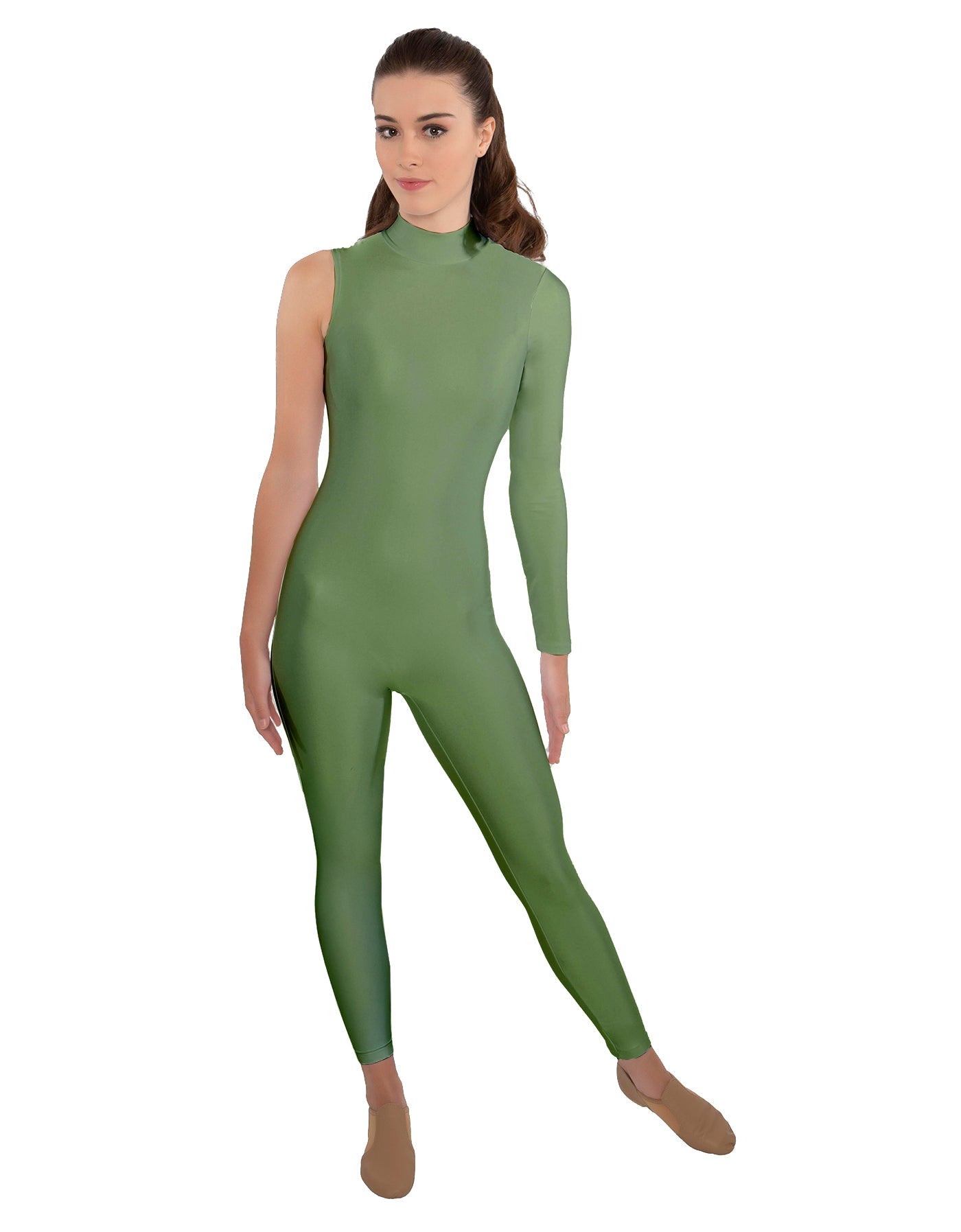 Solid Lycra One Sleeve TNeck Zipper Back Unitard
