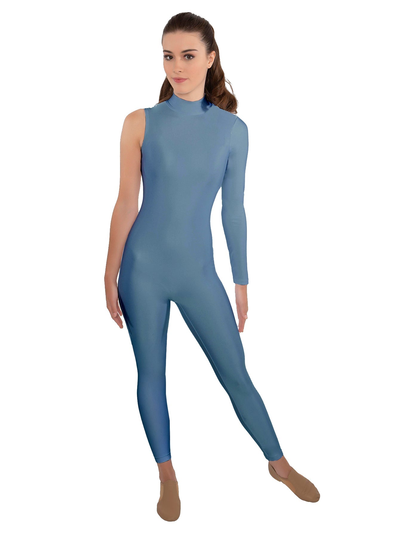Solid Lycra One Sleeve TNeck Zipper Back Unitard
