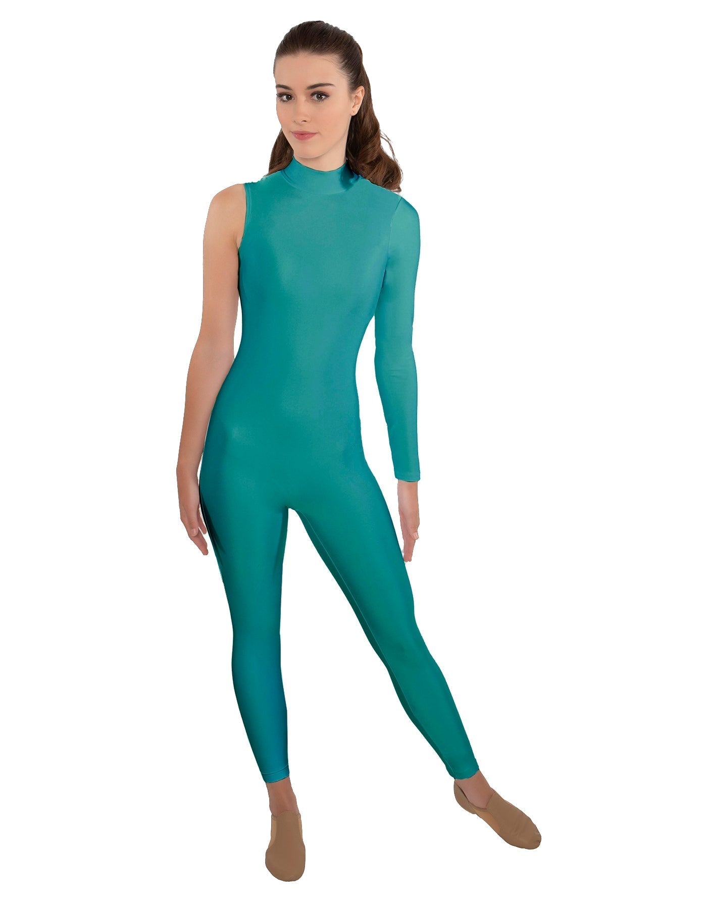 Solid Lycra One Sleeve TNeck Zipper Back Unitard