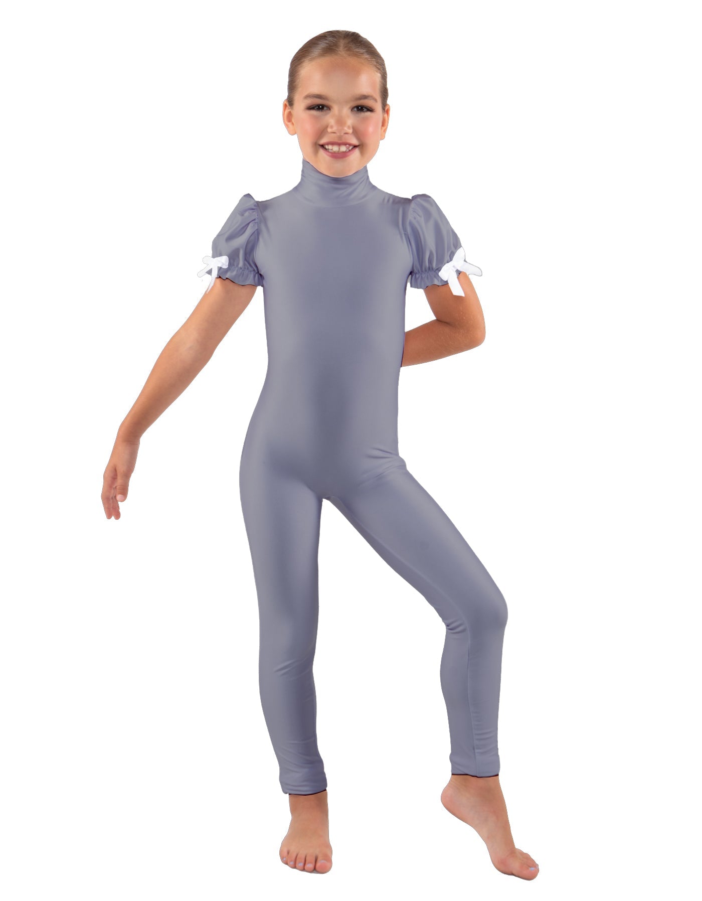 Solid Lycra Puff Sleeve Zipper Back Unitard
