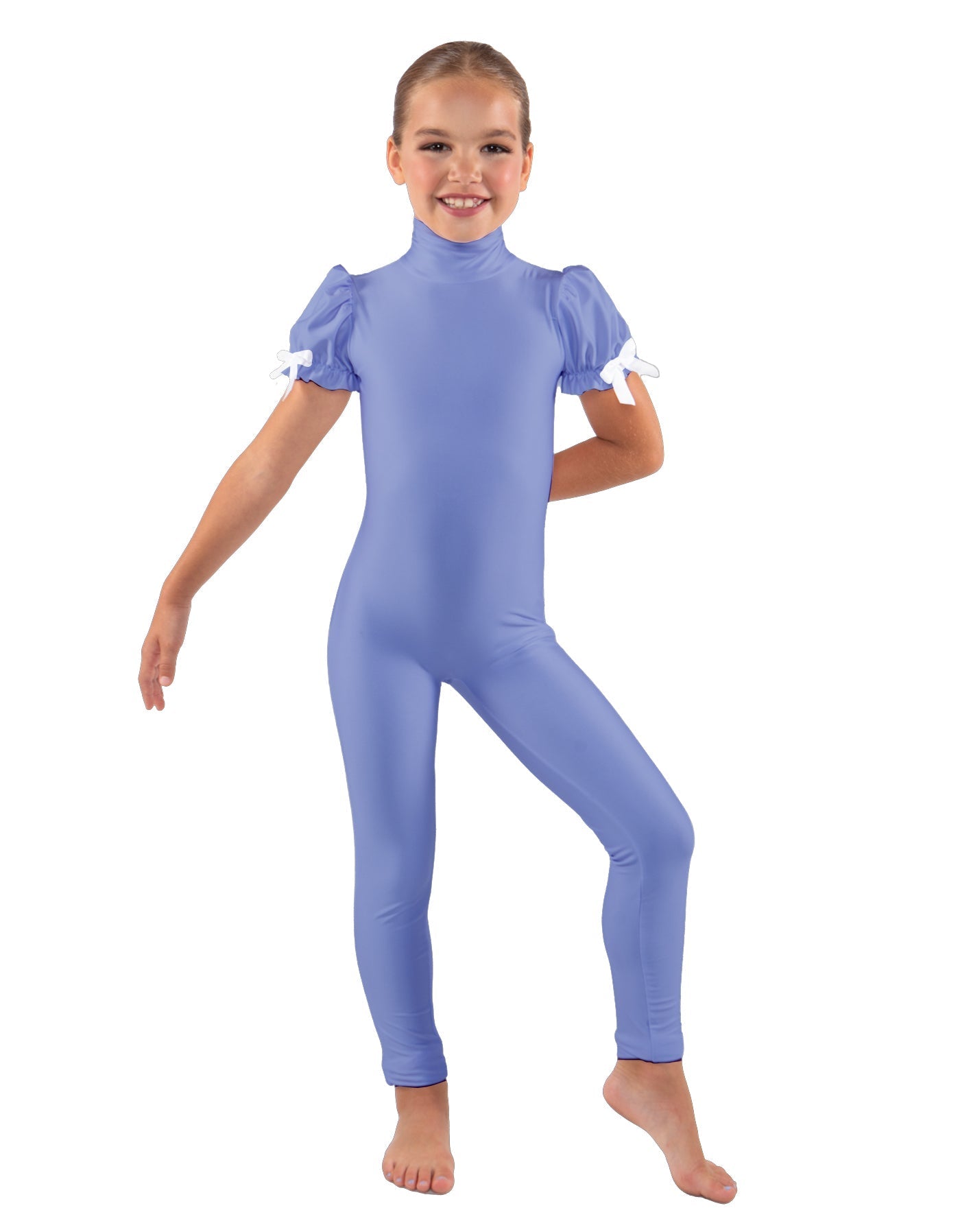 Solid Lycra Puff Sleeve Zipper Back Unitard