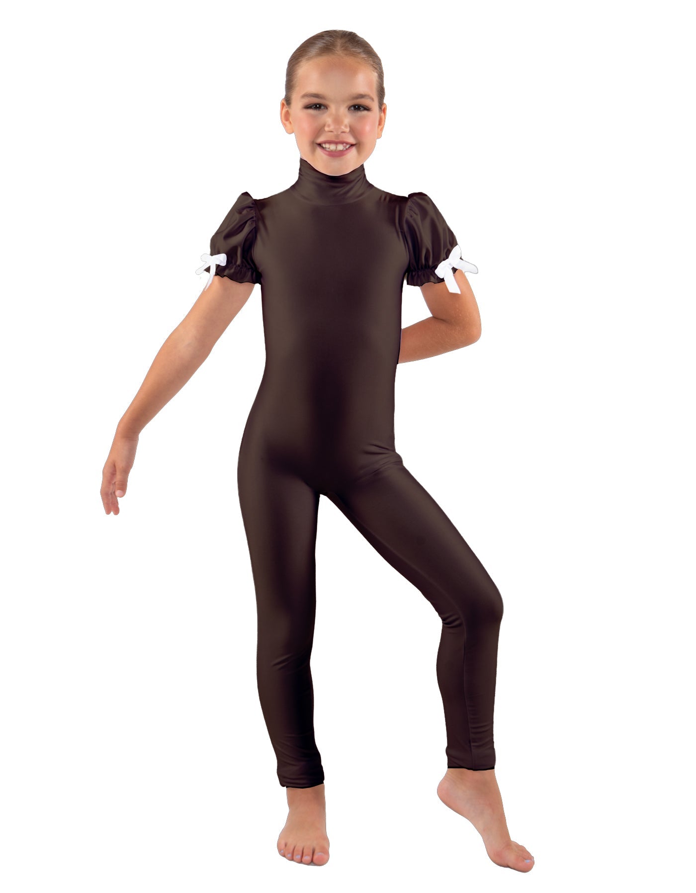 Solid Lycra Puff Sleeve Zipper Back Unitard