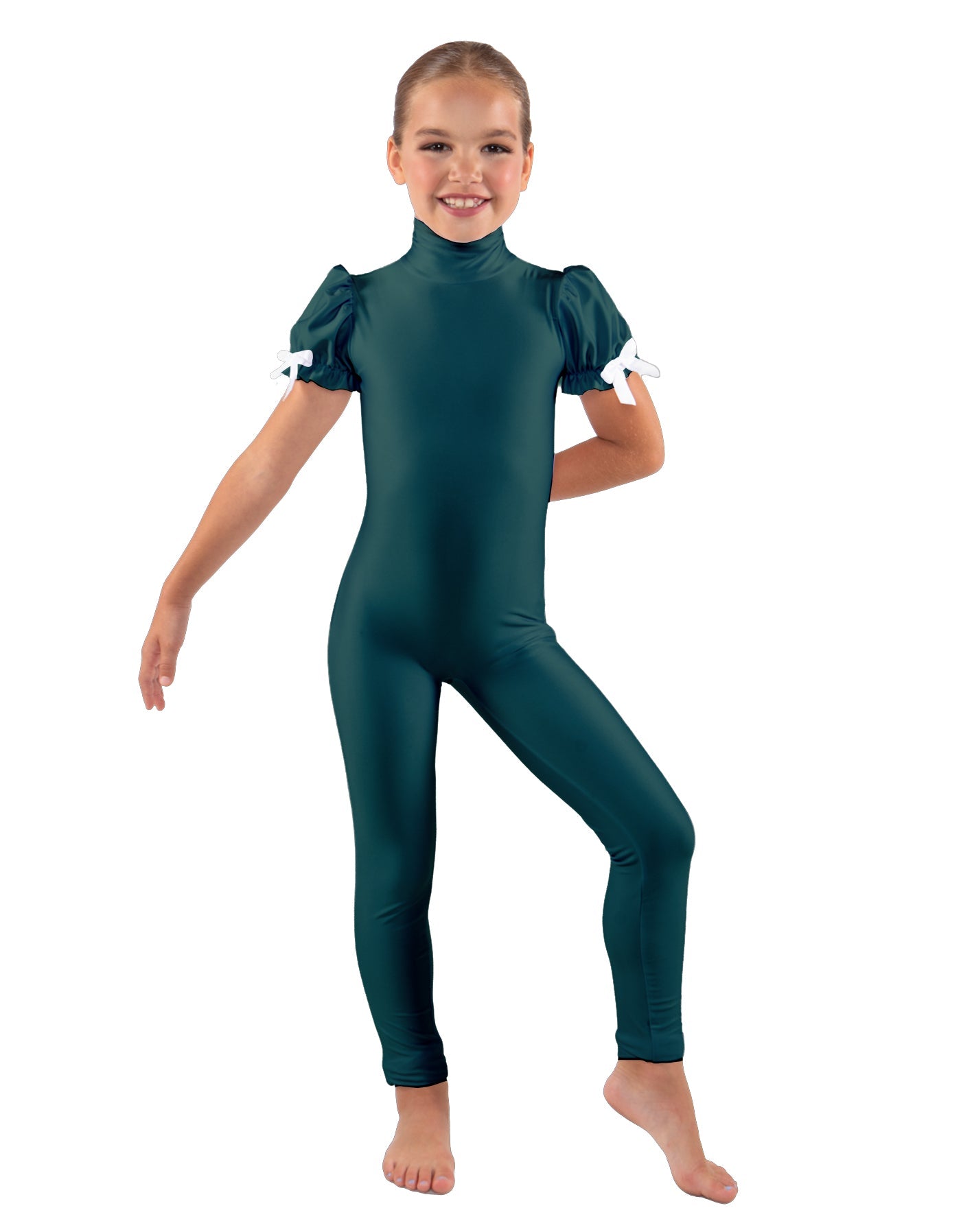Solid Lycra Puff Sleeve Zipper Back Unitard