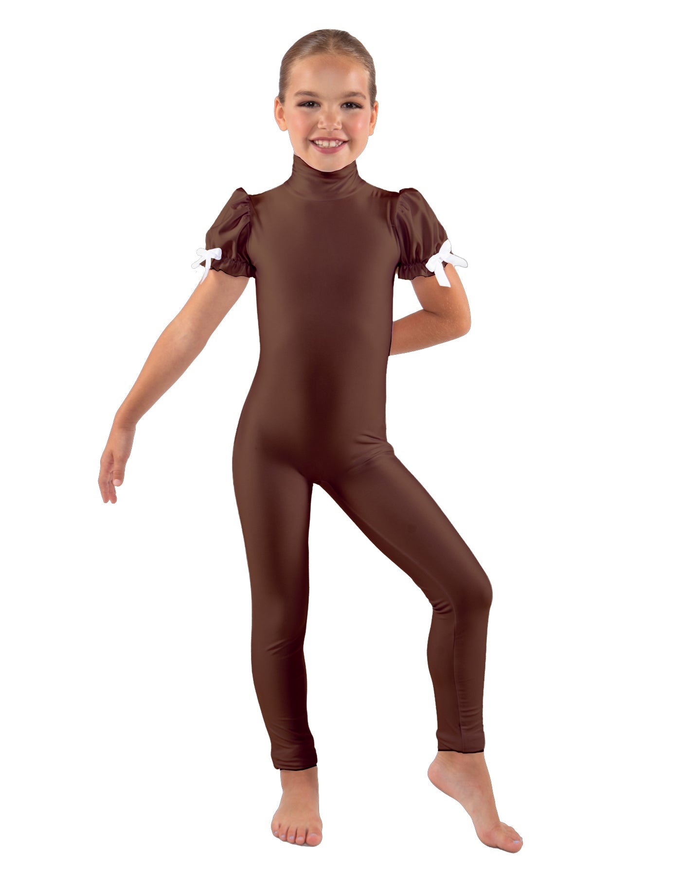 Solid Lycra Puff Sleeve Zipper Back Unitard