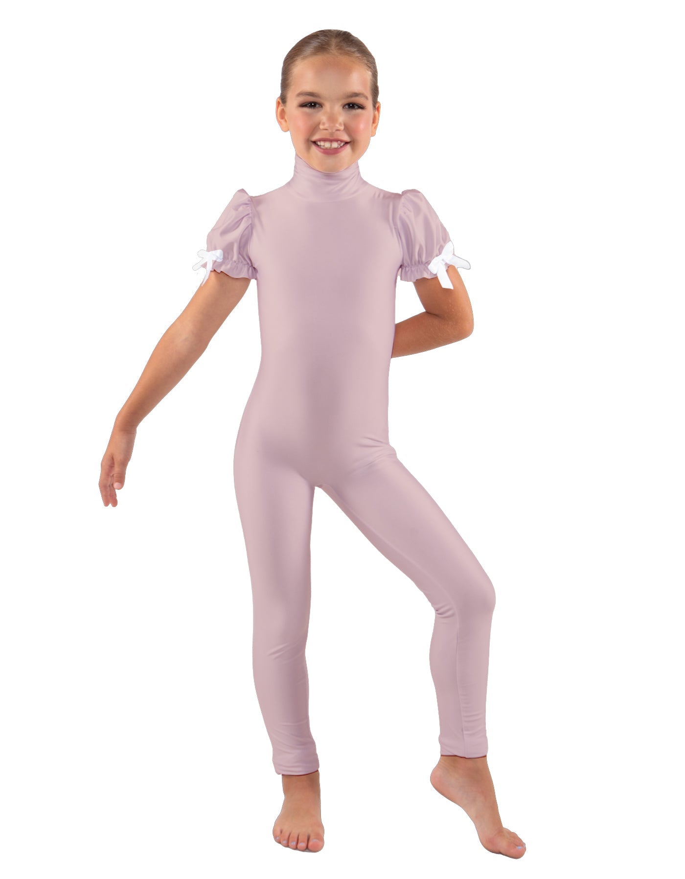 Solid Lycra Puff Sleeve Zipper Back Unitard