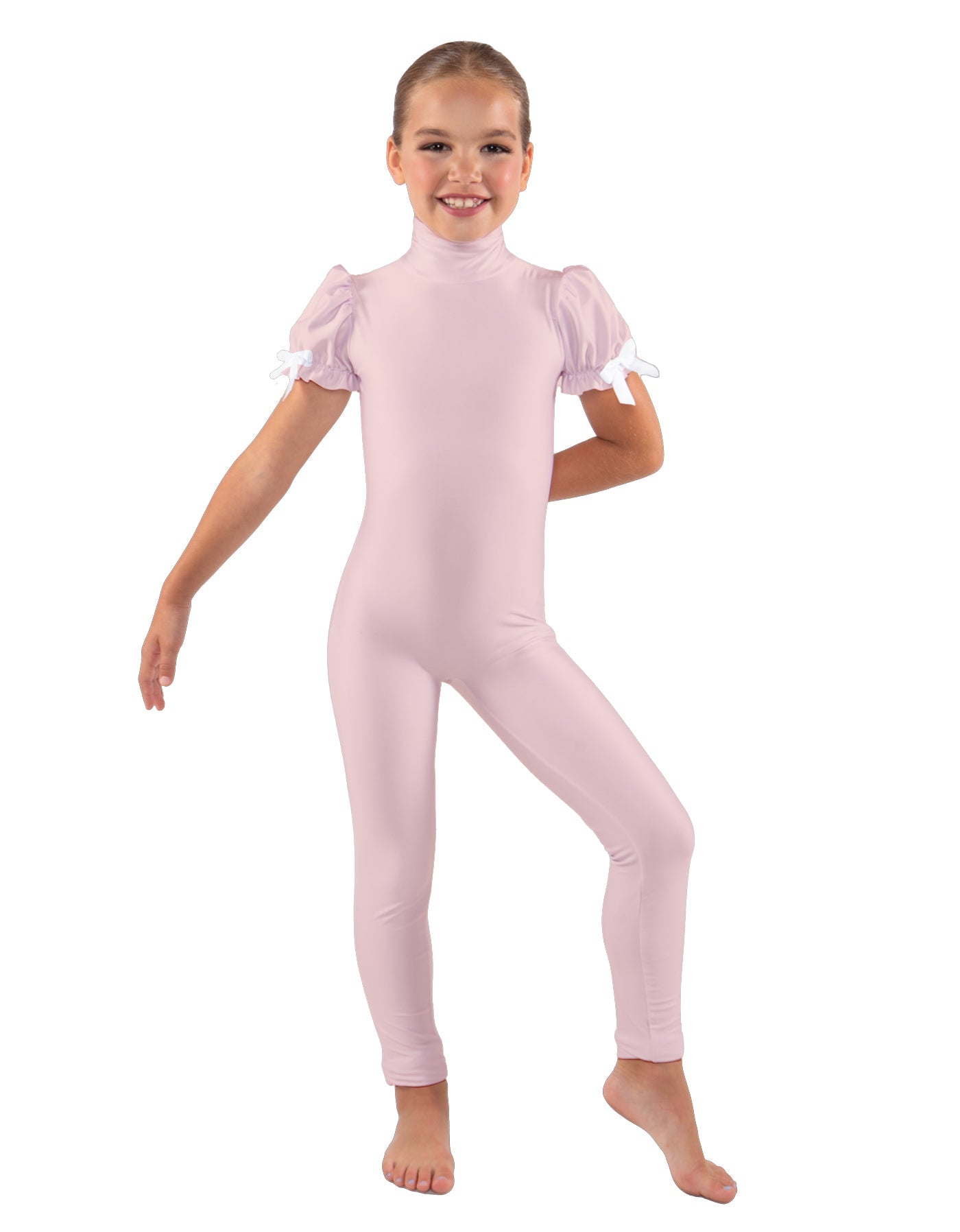 Solid Lycra Puff Sleeve Zipper Back Unitard