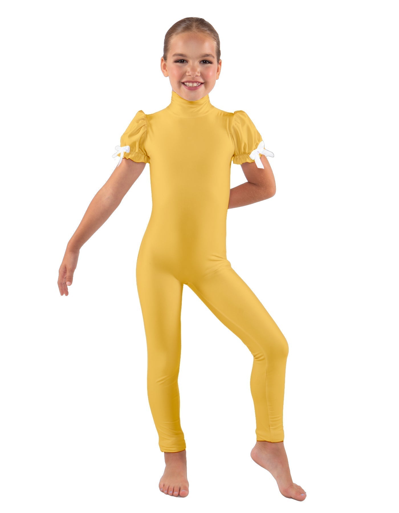 Solid Lycra Puff Sleeve Zipper Back Unitard