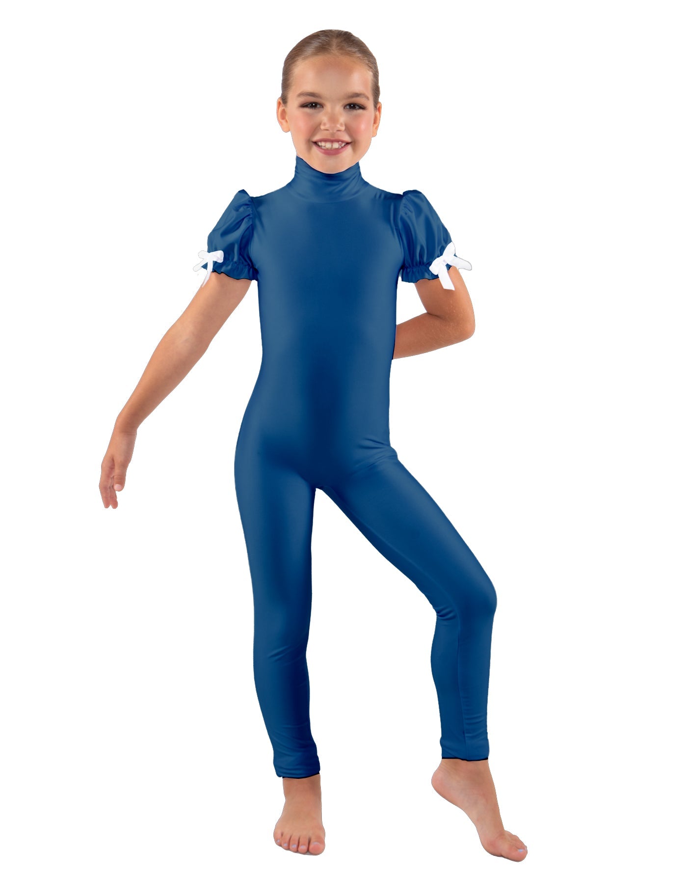 Solid Lycra Puff Sleeve Zipper Back Unitard