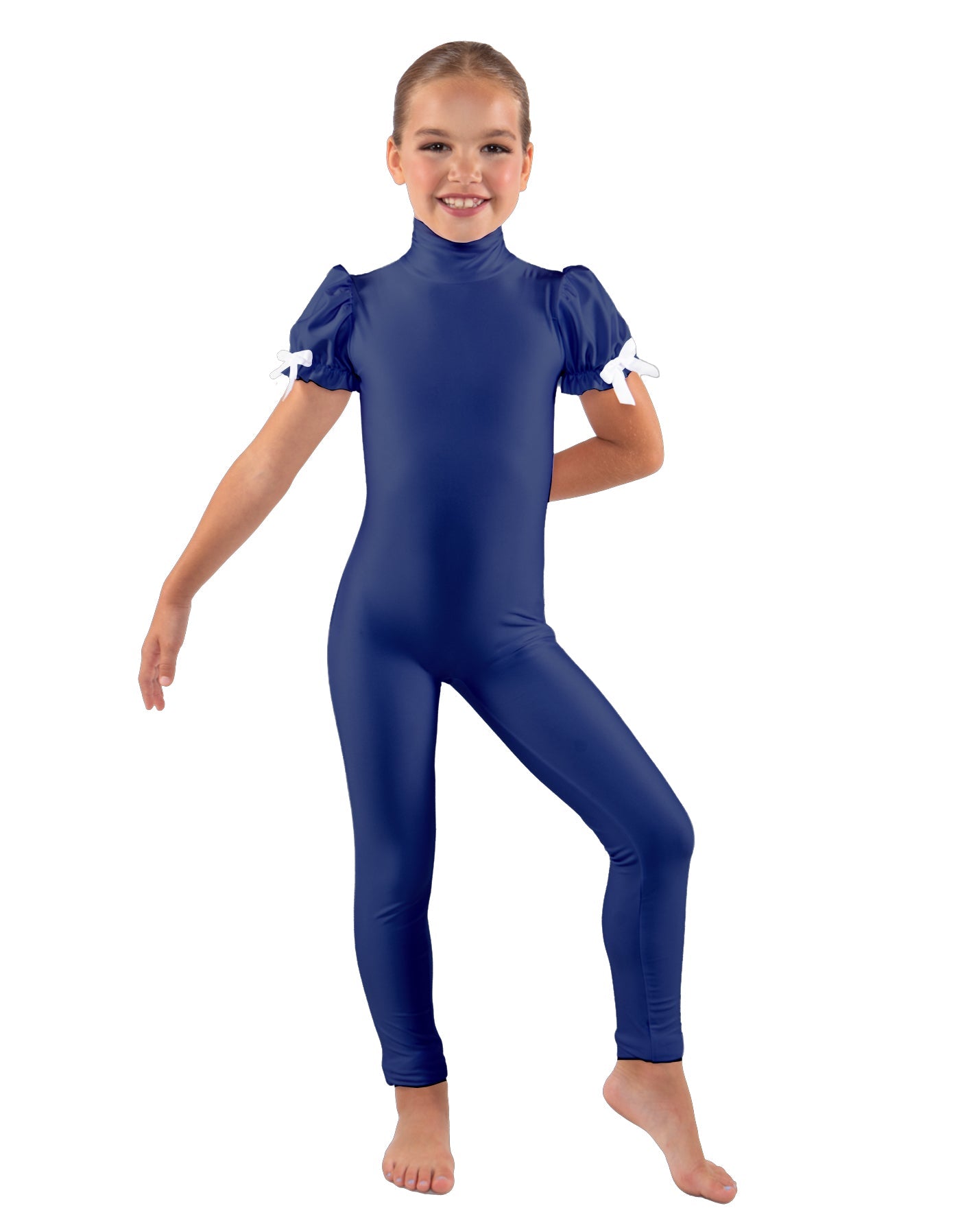 Solid Lycra Puff Sleeve Zipper Back Unitard
