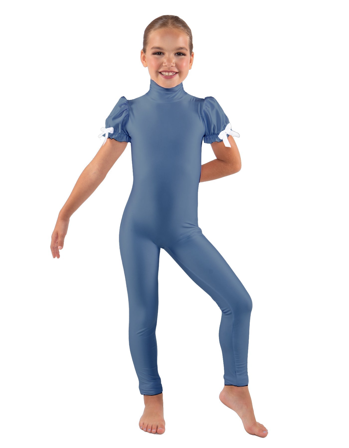 Solid Lycra Puff Sleeve Zipper Back Unitard