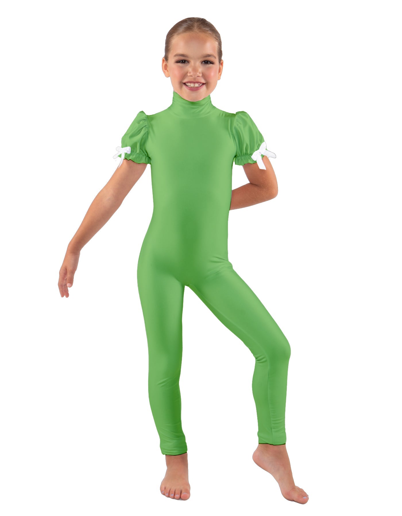 Solid Lycra Puff Sleeve Zipper Back Unitard