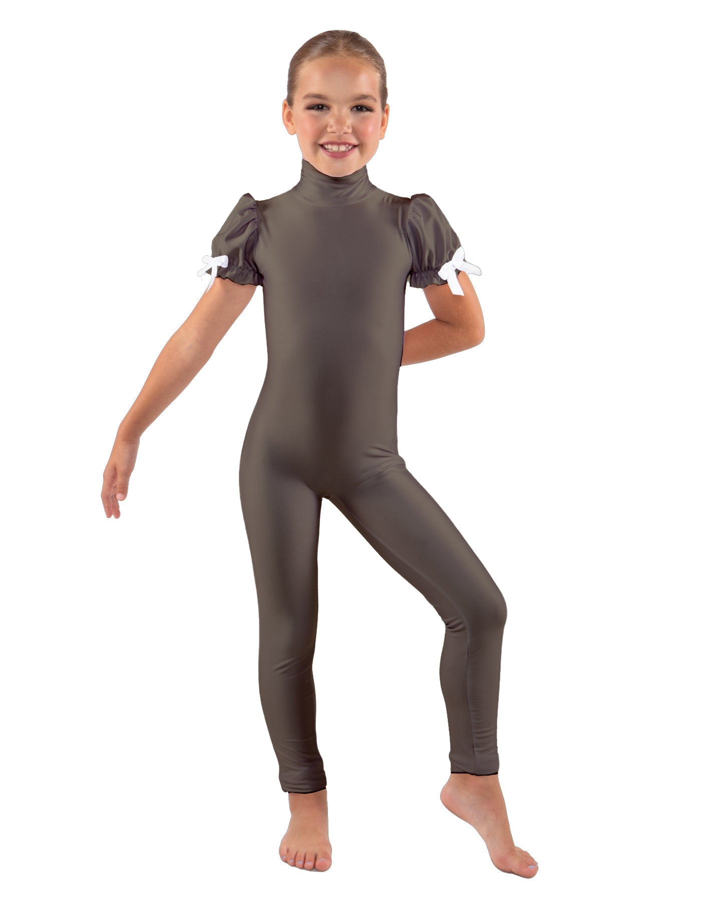Solid Lycra Puff Sleeve Zipper Back Unitard