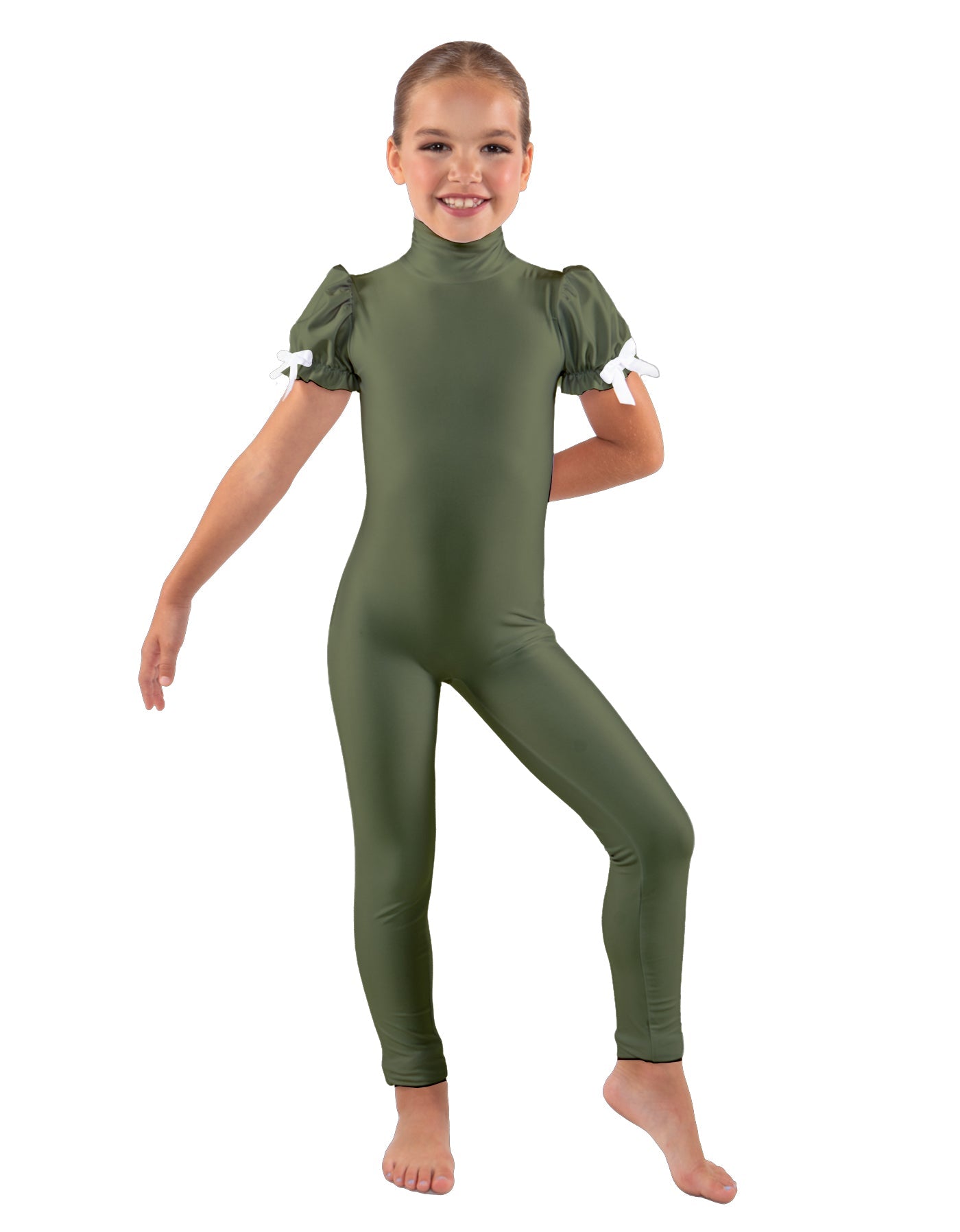 Solid Lycra Puff Sleeve Zipper Back Unitard