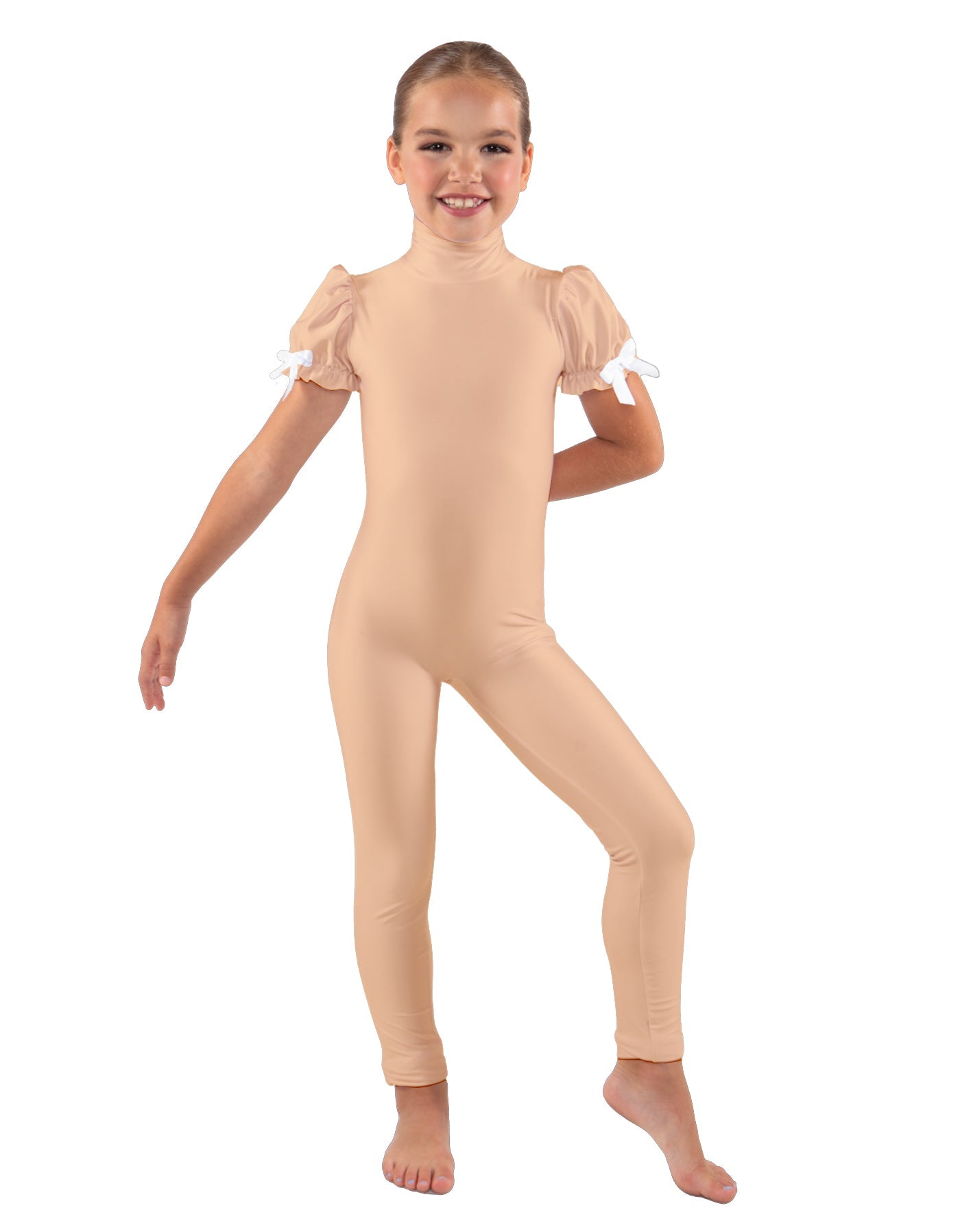 Solid Lycra Puff Sleeve Zipper Back Unitard