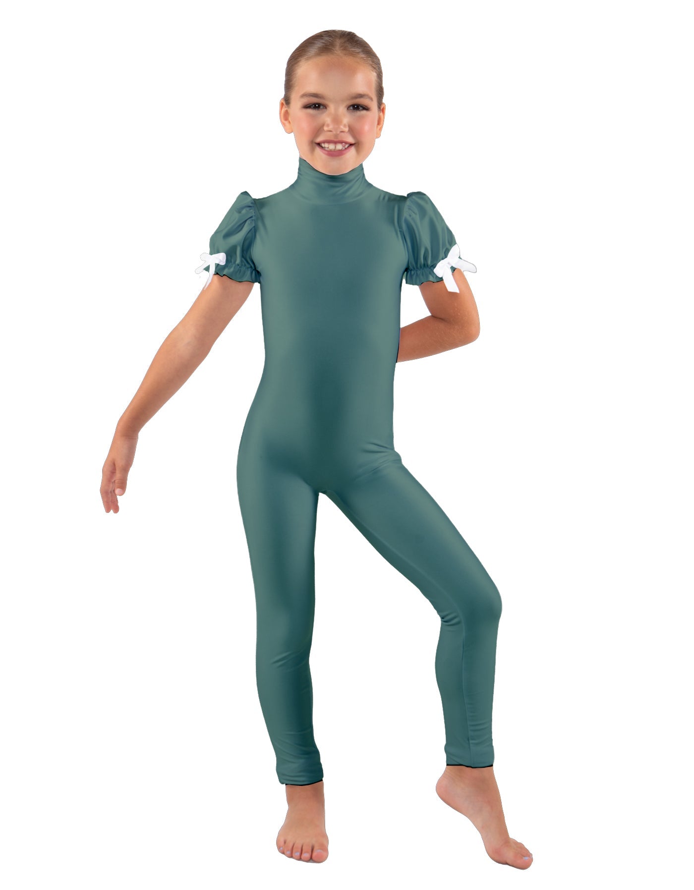Solid Lycra Puff Sleeve Zipper Back Unitard