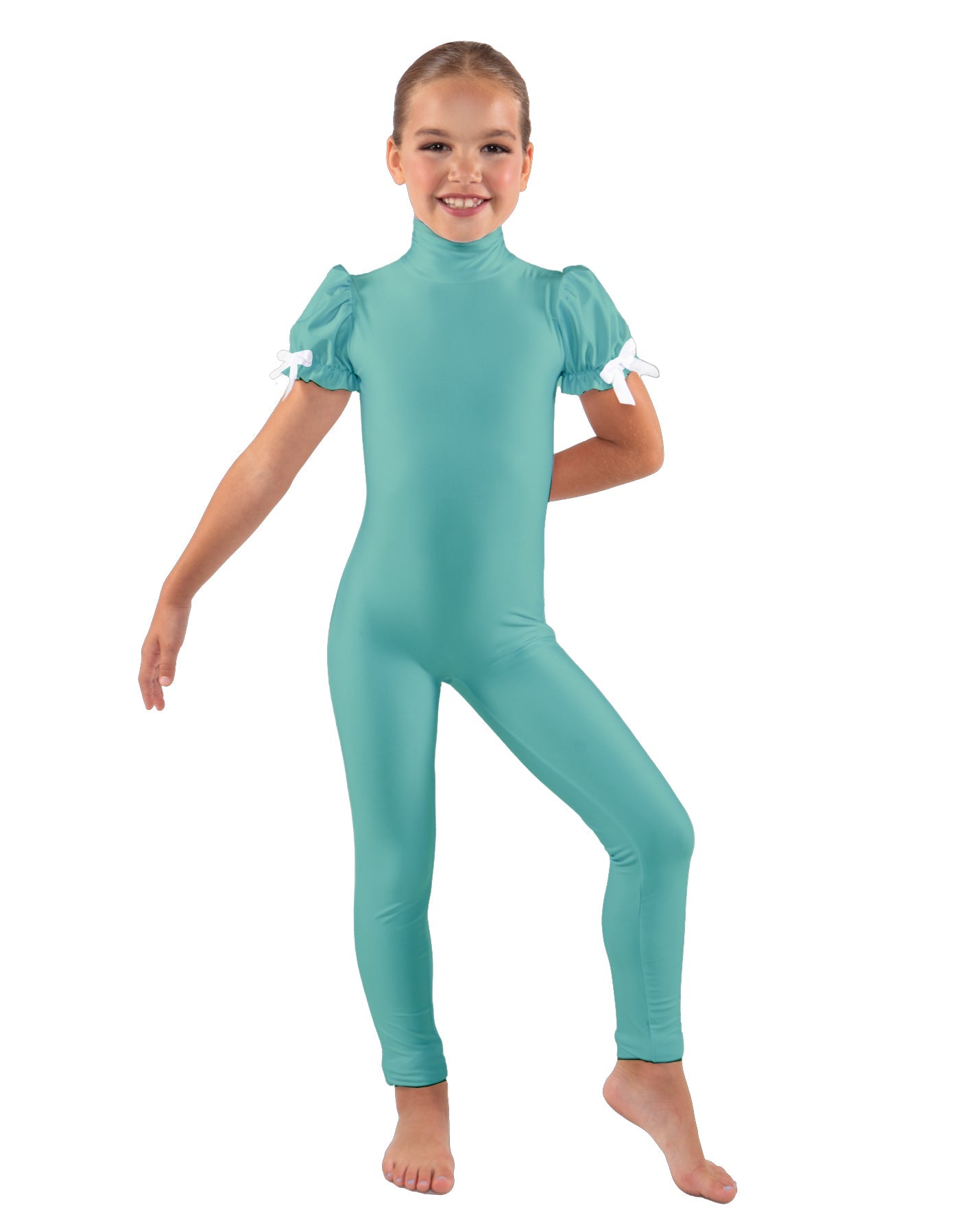Solid Lycra Puff Sleeve Zipper Back Unitard