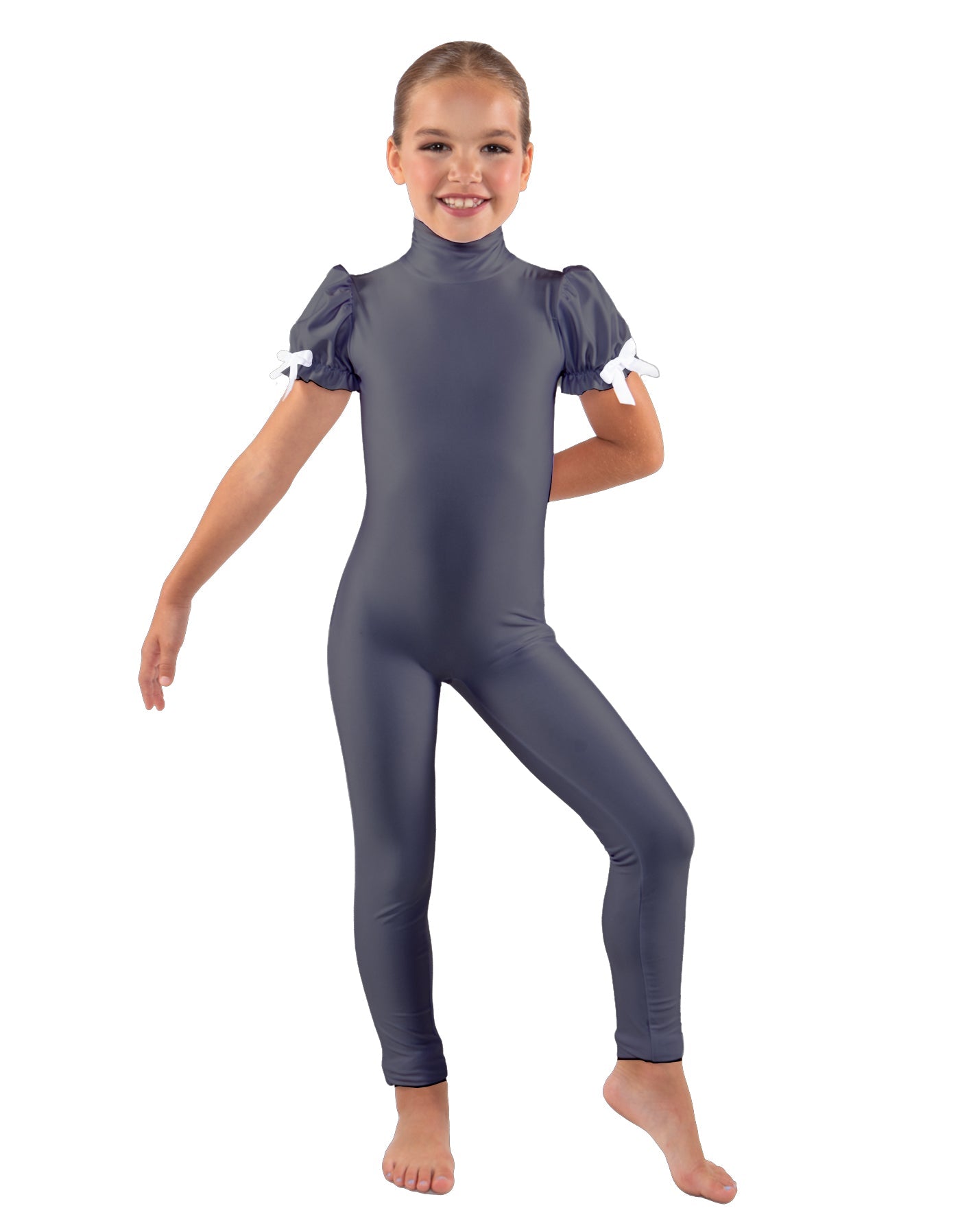 Solid Lycra Puff Sleeve Zipper Back Unitard