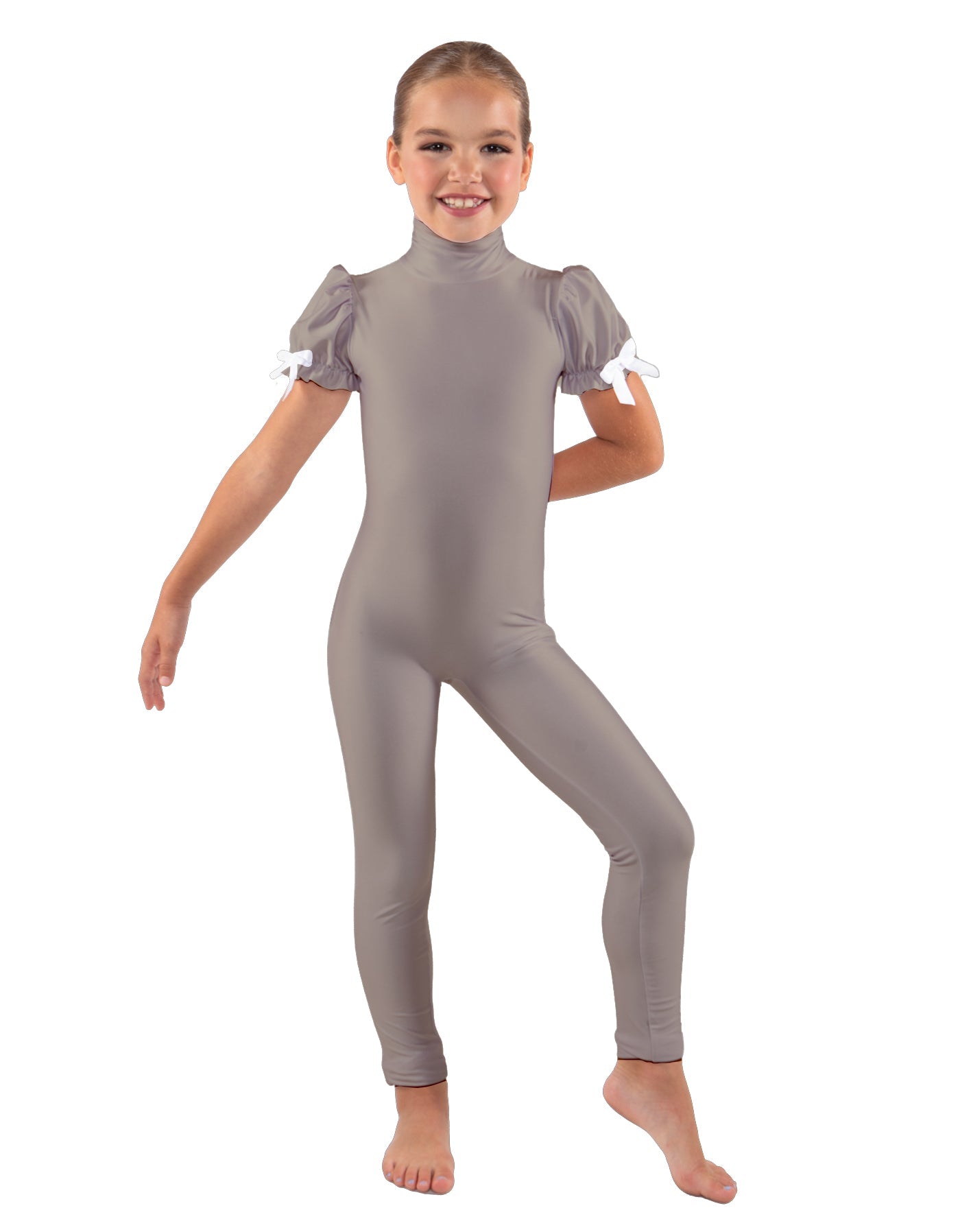 Solid Lycra Puff Sleeve Zipper Back Unitard