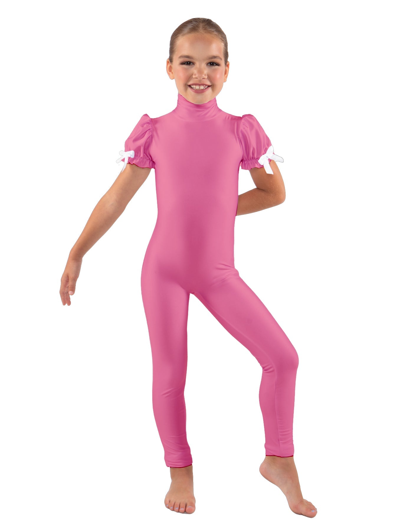Solid Lycra Puff Sleeve Zipper Back Unitard