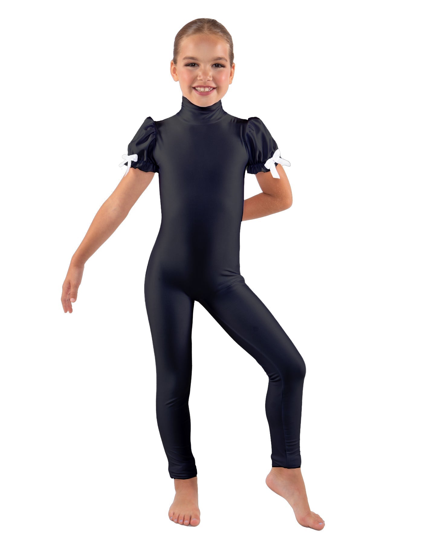 Solid Lycra Puff Sleeve Zipper Back Unitard