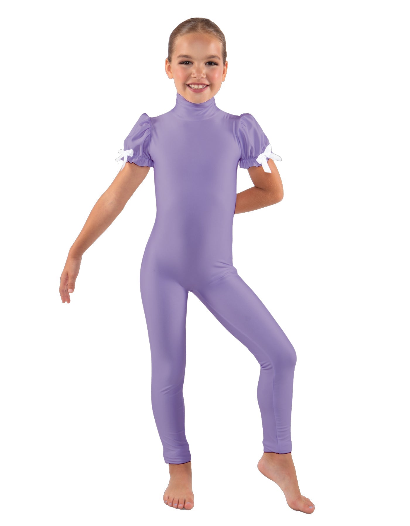 Solid Lycra Puff Sleeve Zipper Back Unitard