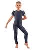 Solid Lycra Puff Sleeve Round Neck Keyhole Unitard