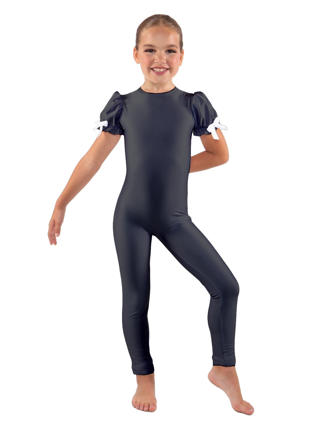 Solid Lycra Puff Sleeve Round Neck Keyhole Unitard