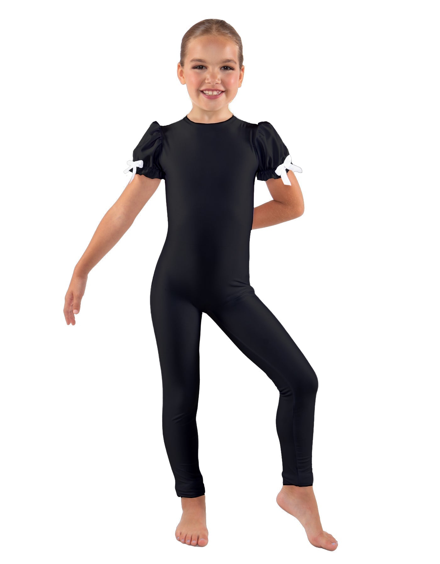 Solid Lycra Puff Sleeve Round Neck Keyhole Unitard