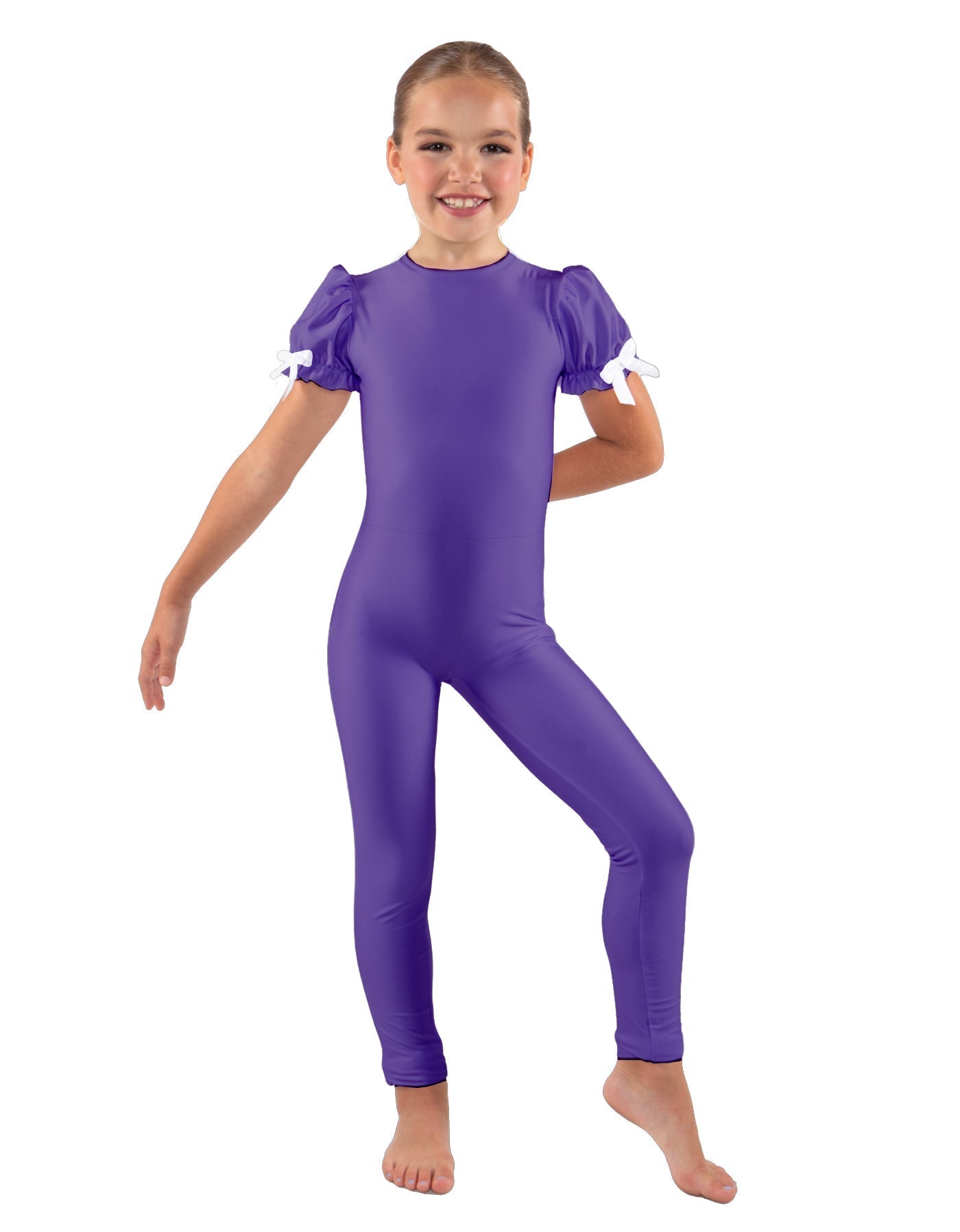 Solid Lycra Puff Sleeve Round Neck Keyhole Unitard