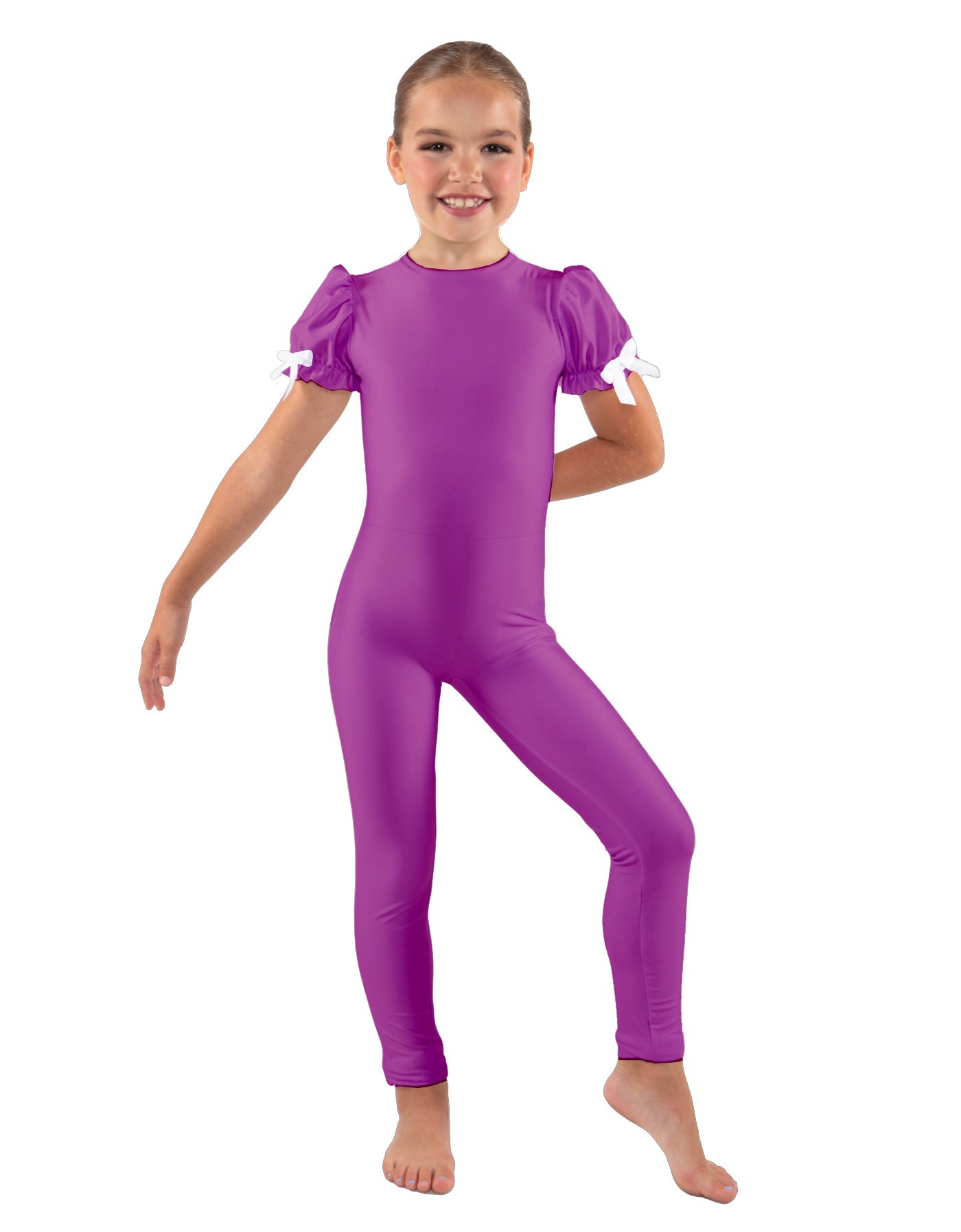 Solid Lycra Puff Sleeve Round Neck Keyhole Unitard