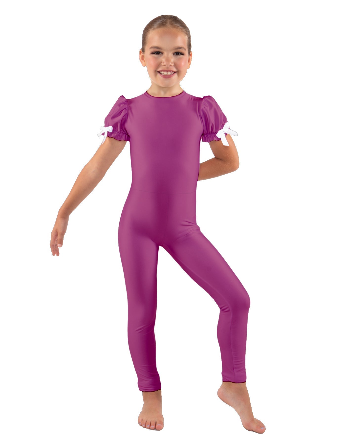 Solid Lycra Puff Sleeve Round Neck Keyhole Unitard